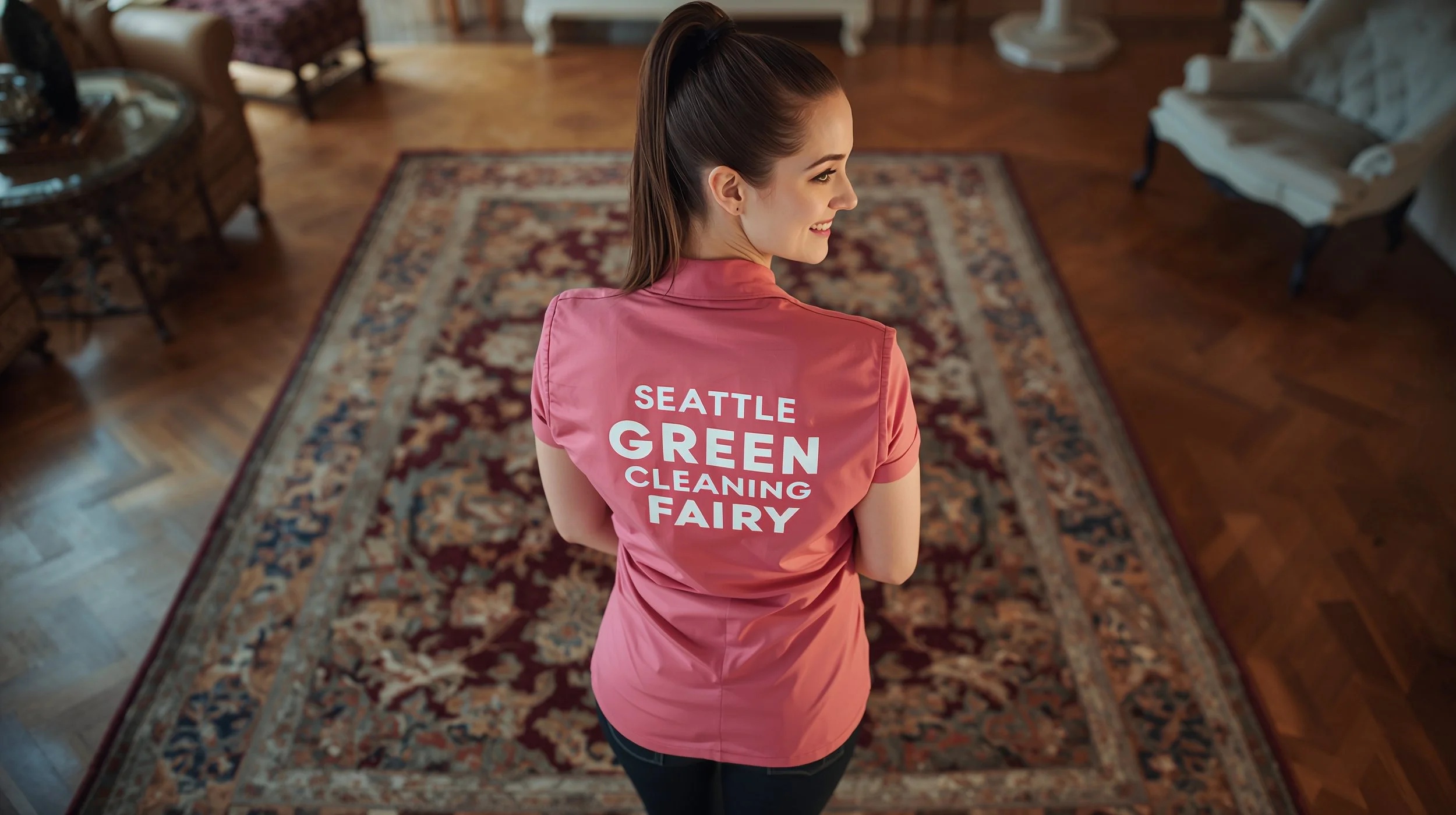 Professional rug cleaner presenting a restored vintage oriental rug in a Seattle apartment.