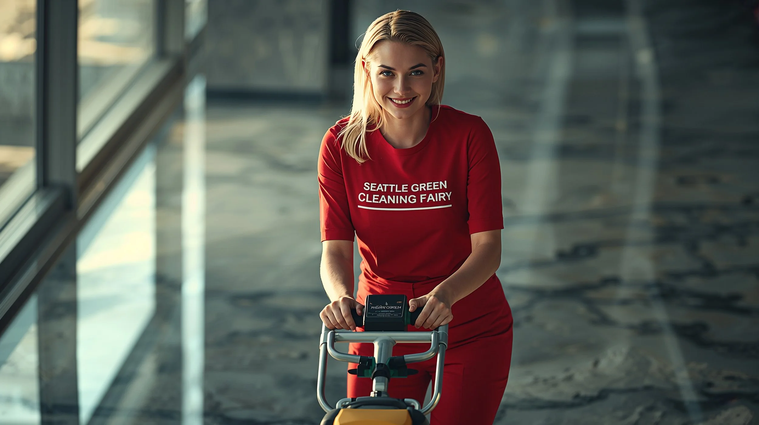 Young professional cleaner polishing luxury marble flooring in Seattle home with visible SEATTLE GREEN CLEANING FAIRY branding