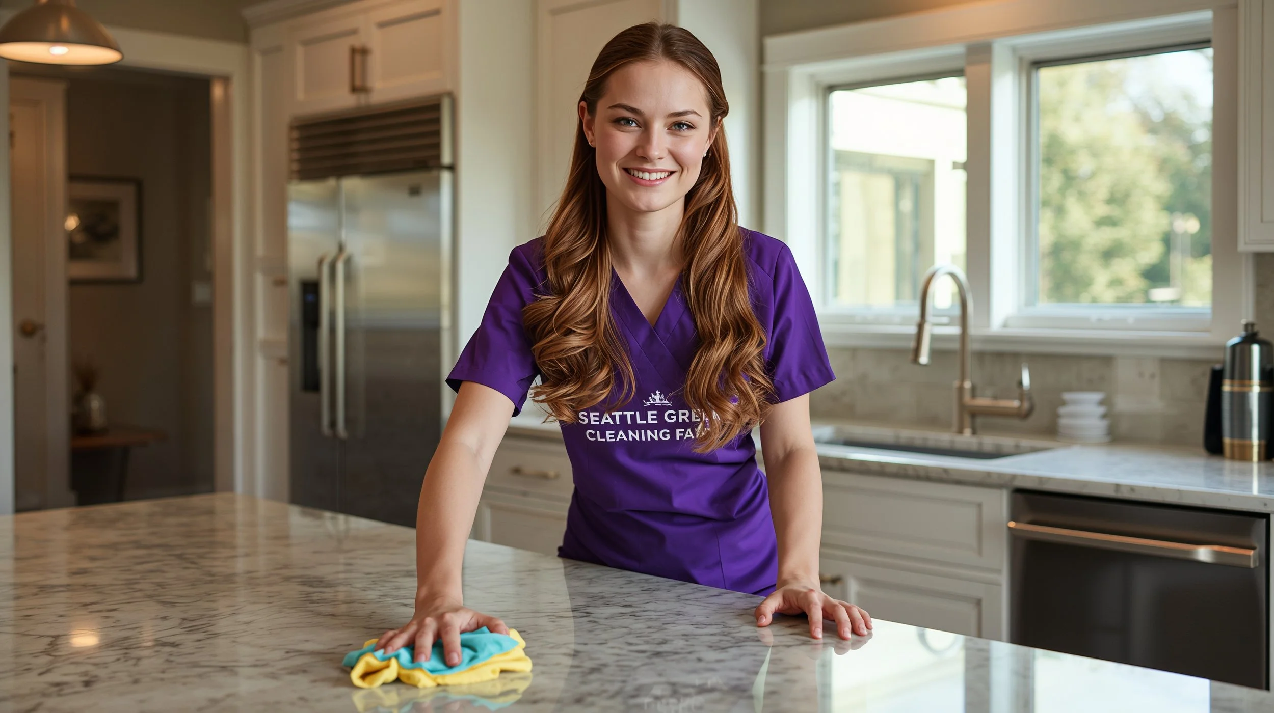 Young residential cleaner wiping quartz kitchen island in Seattle craftsman home.