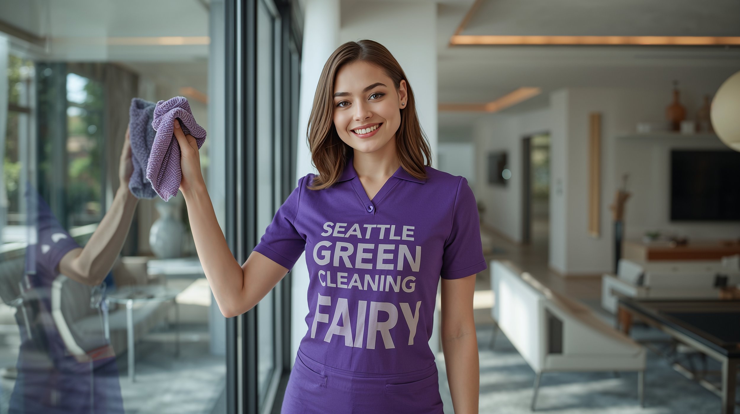 Professional insured cleaning lady polishing luxury Bellevue home windows while wearing a purple uniform branded Seattle Green Cleaning Fairy.