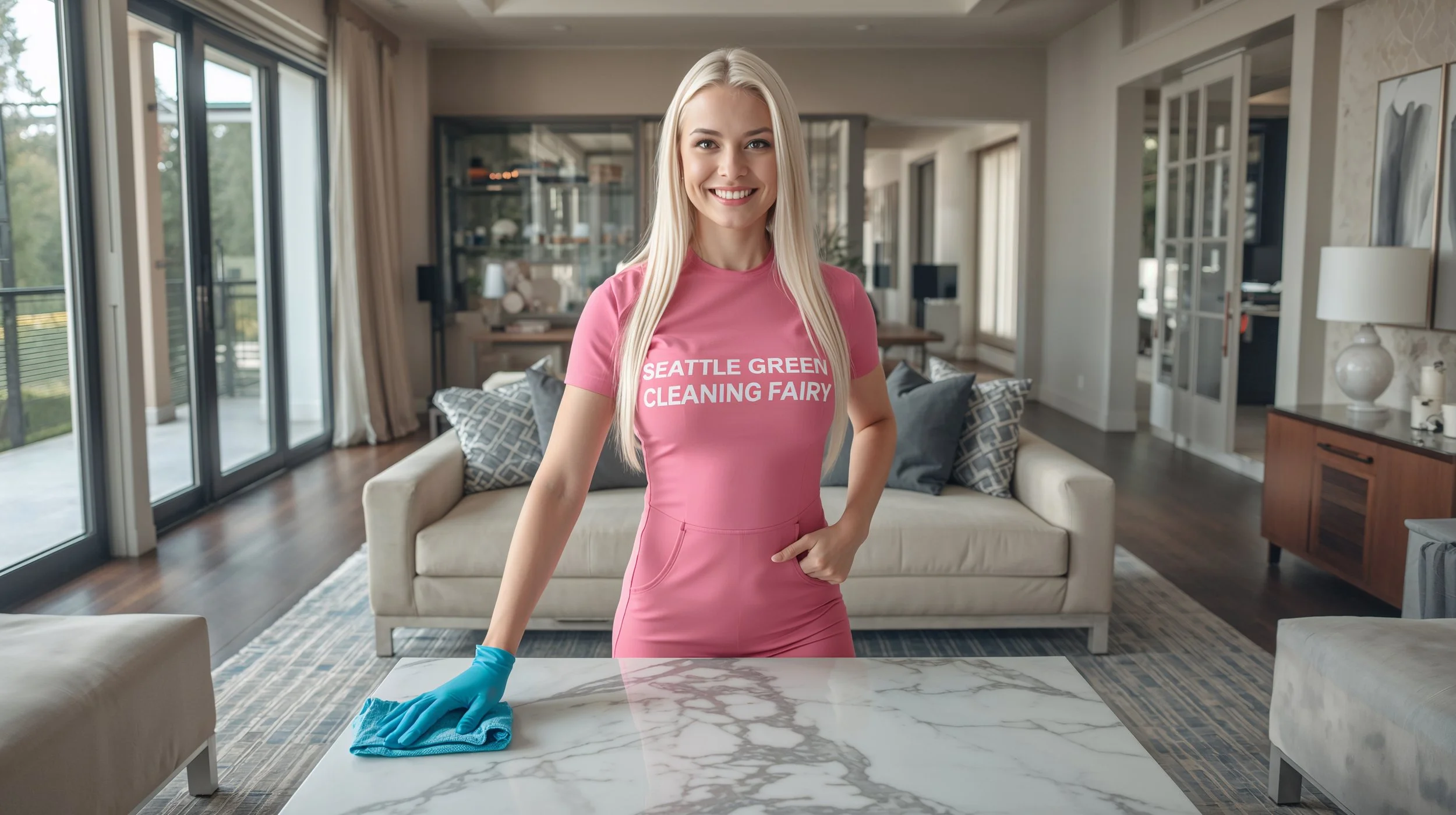 Professional cleaner in pink uniform polishing marble table inside a high-end Bellevue living room with bright natural light.