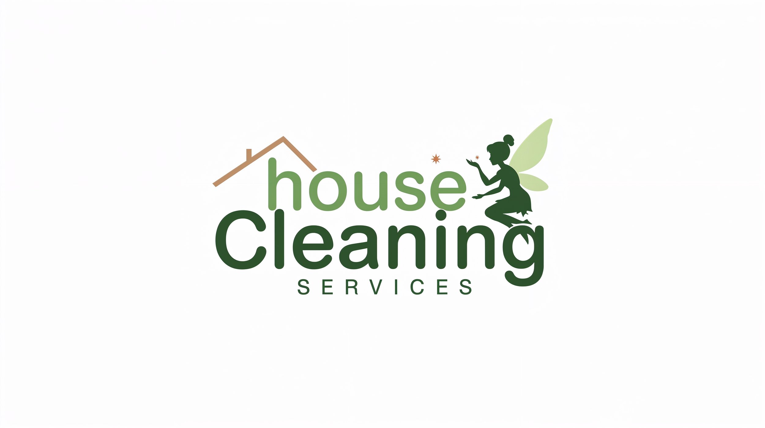 House Cleaning Services logo with modern text, house outline, and subtle fairy silhouette