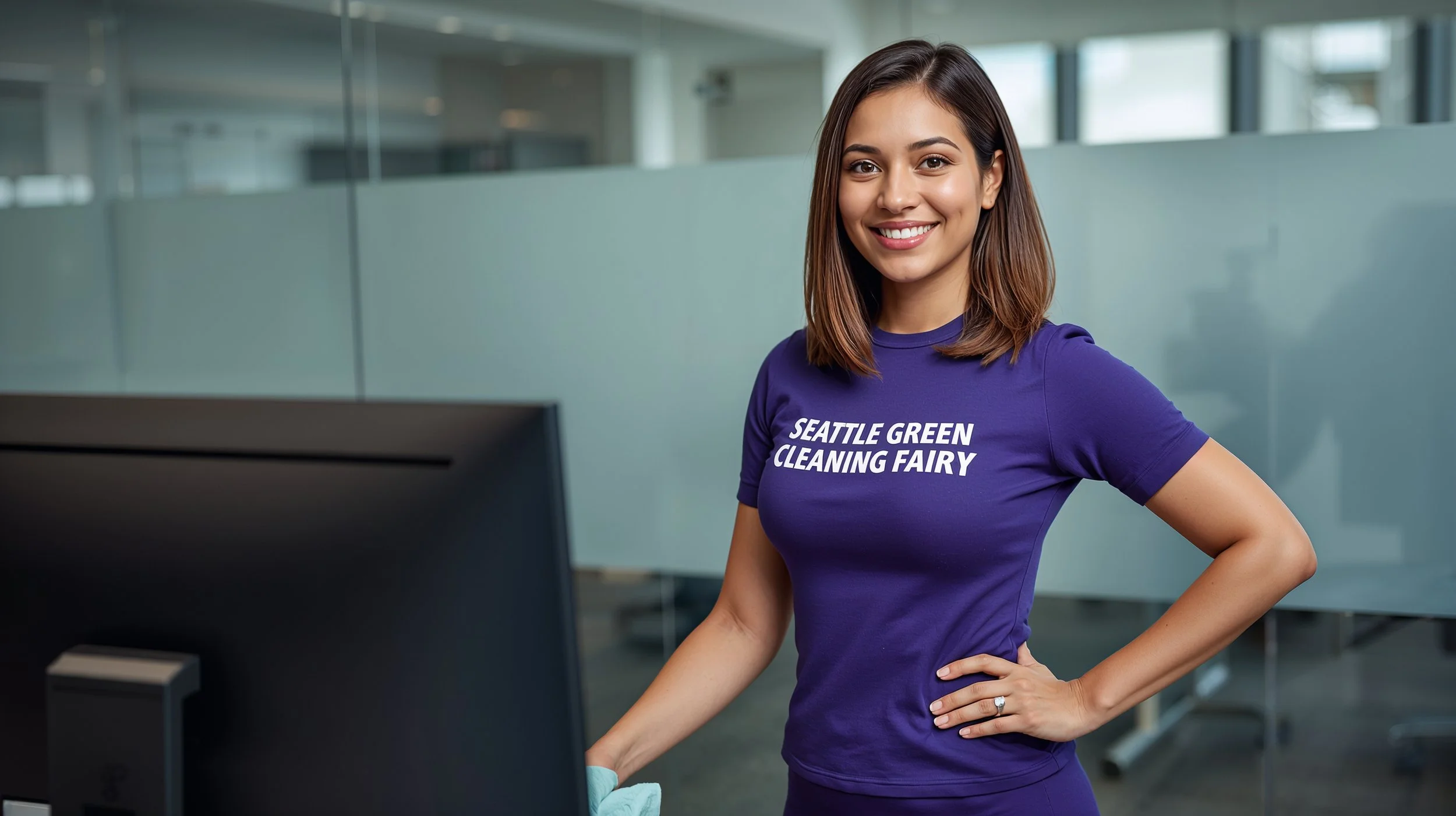 Professional computer cleaning service in Seattle office with technician polishing workstation equipment.