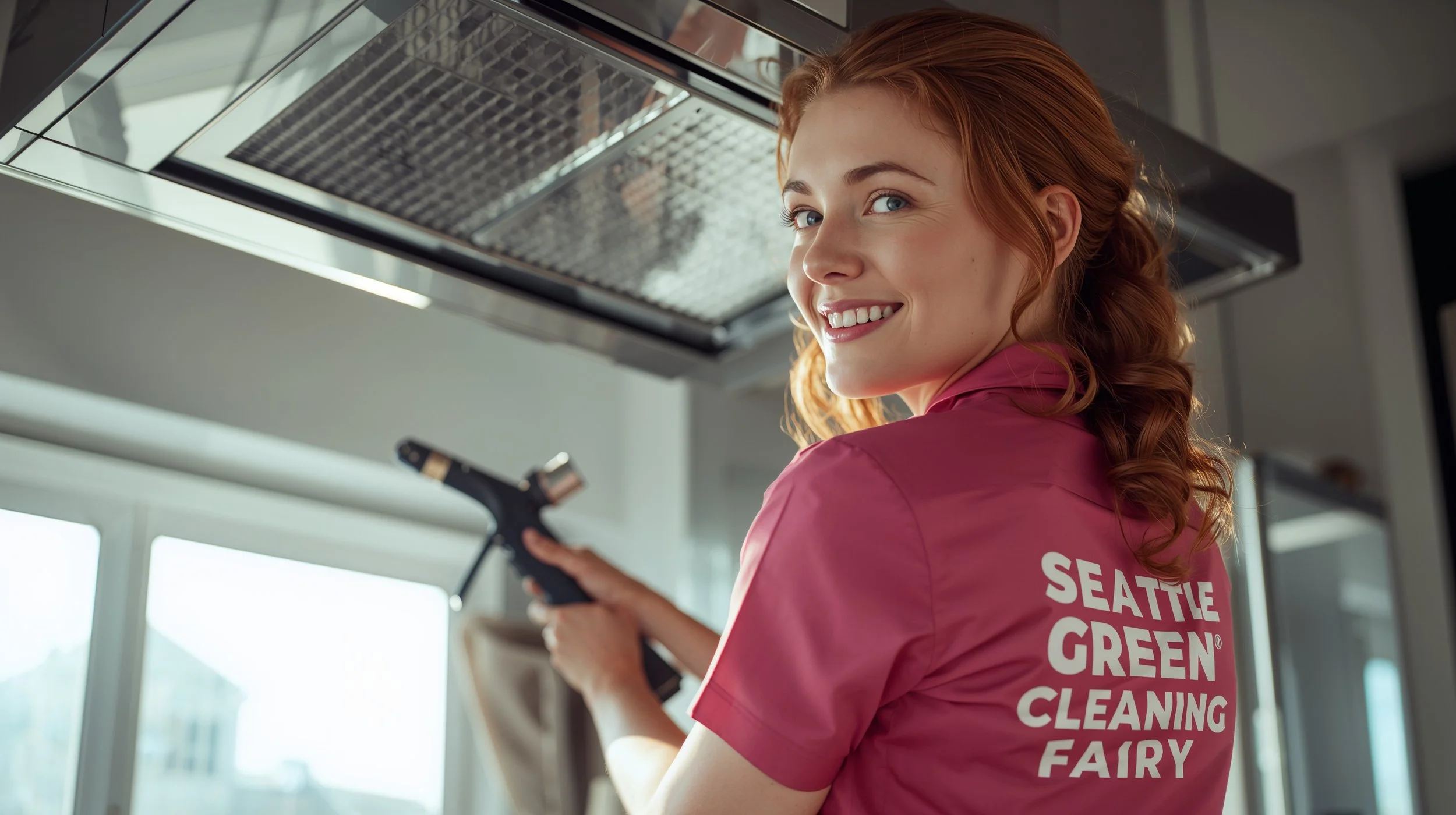 Technician cleaning kitchen air vent while discussing HVAC cleaning cost in Seattle home.