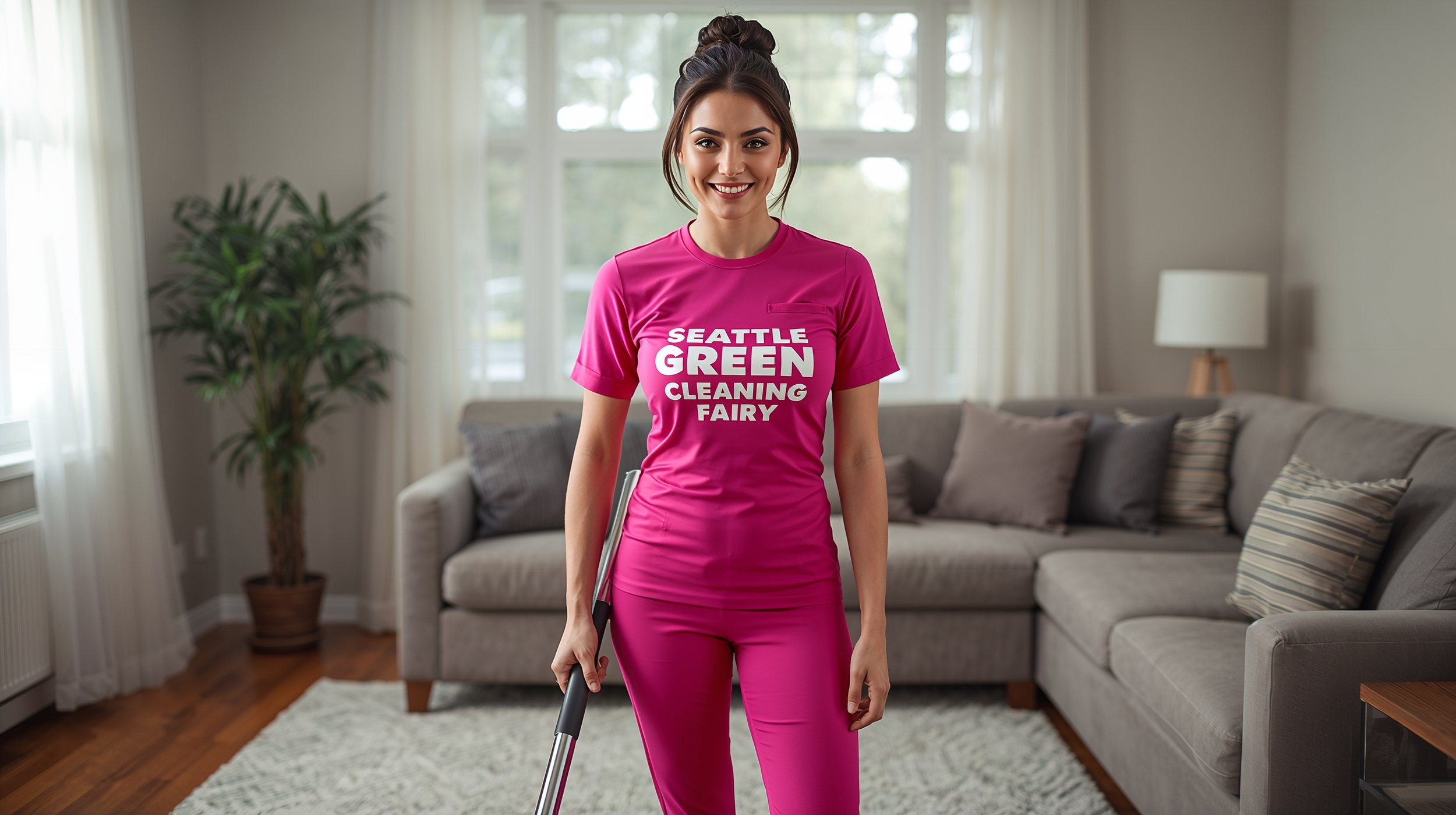 Energetic Slovak woman vacuuming pristine living room in fitted pink uniform for Seattle Green Cleaning Fairy Central District