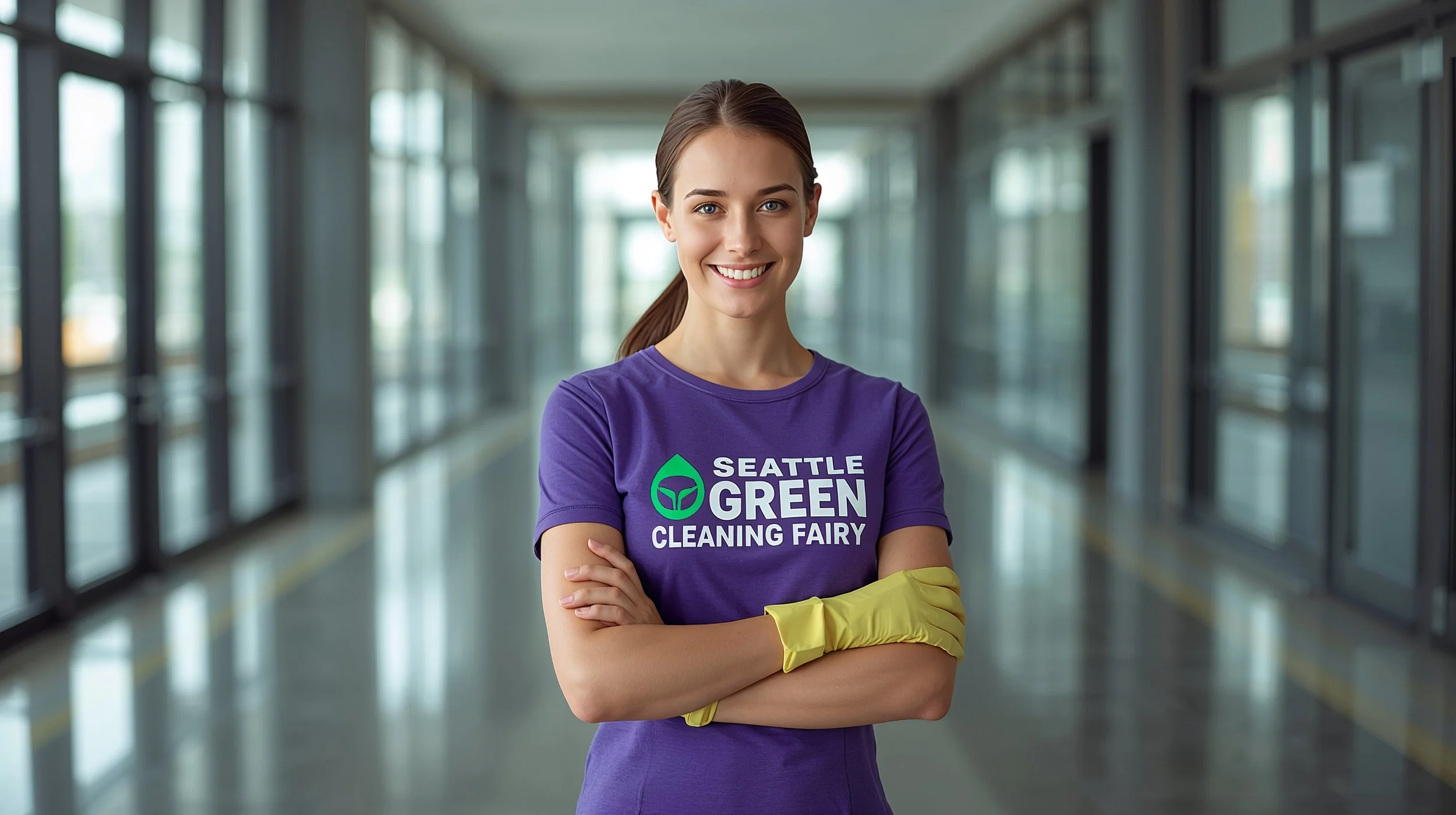 Professional cleaner presenting a freshly cleaned post-construction lobby in Seattle
