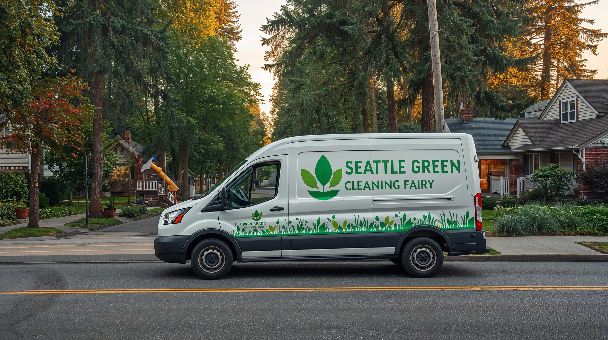 Seattle Green Cleaning Fairy van on tree-lined Victory Heights street near playground