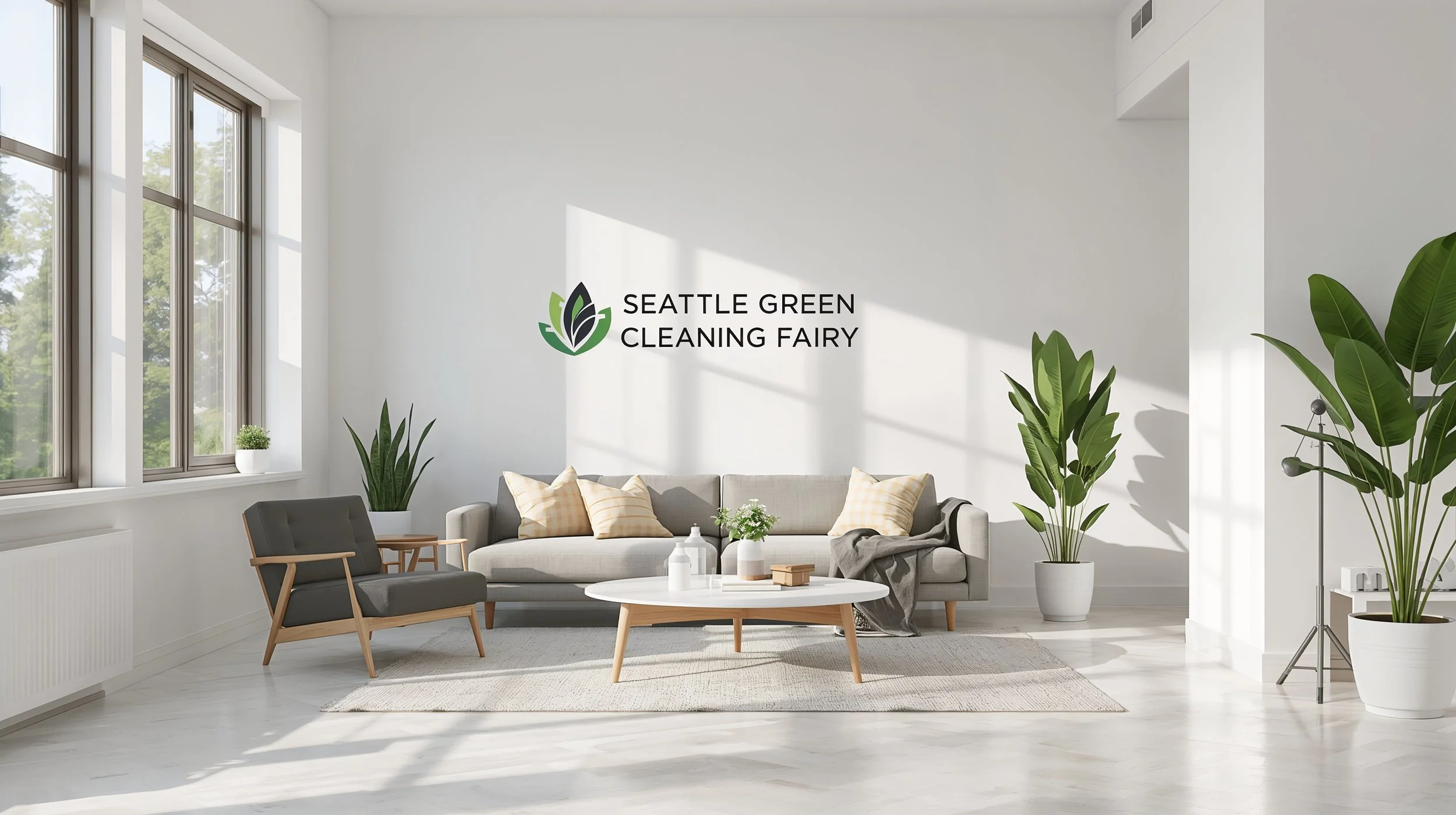 Freshly cleaned living room in Fremont Seattle featuring Seattle Green Cleaning Fairy branding