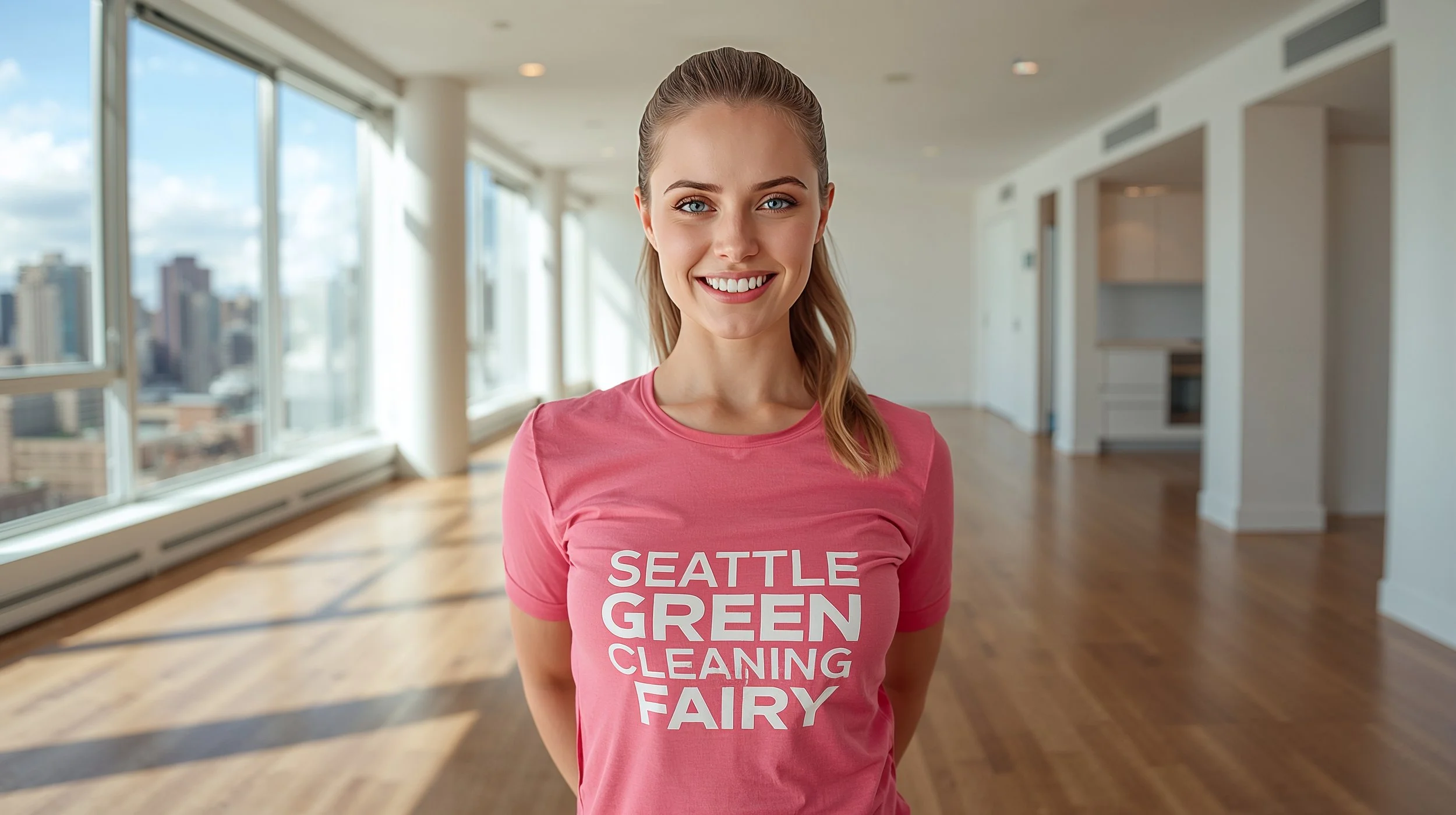 Professional cleaner standing in spotless Seattle open-concept apartment
