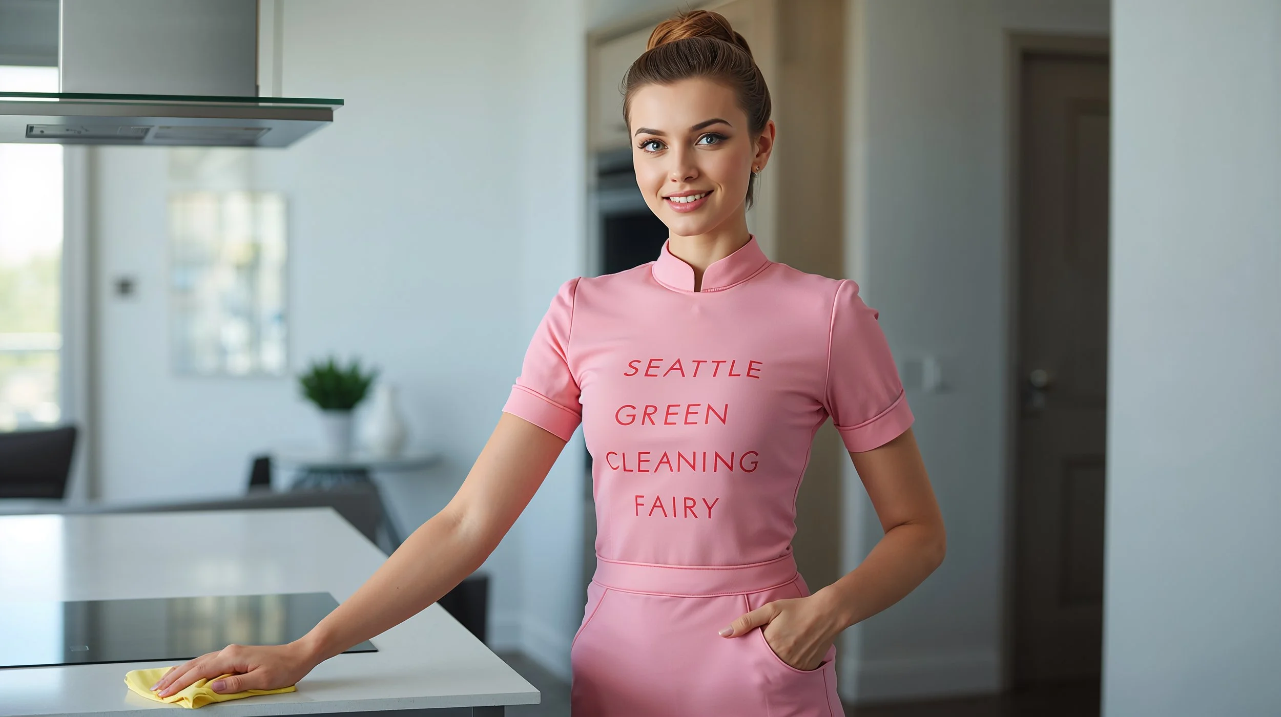 Professional house cleaning services in Harbor Island Seattle WA featuring Seattle Green Cleaning Fairy cleaner in a freshly cleaned modern kitchen