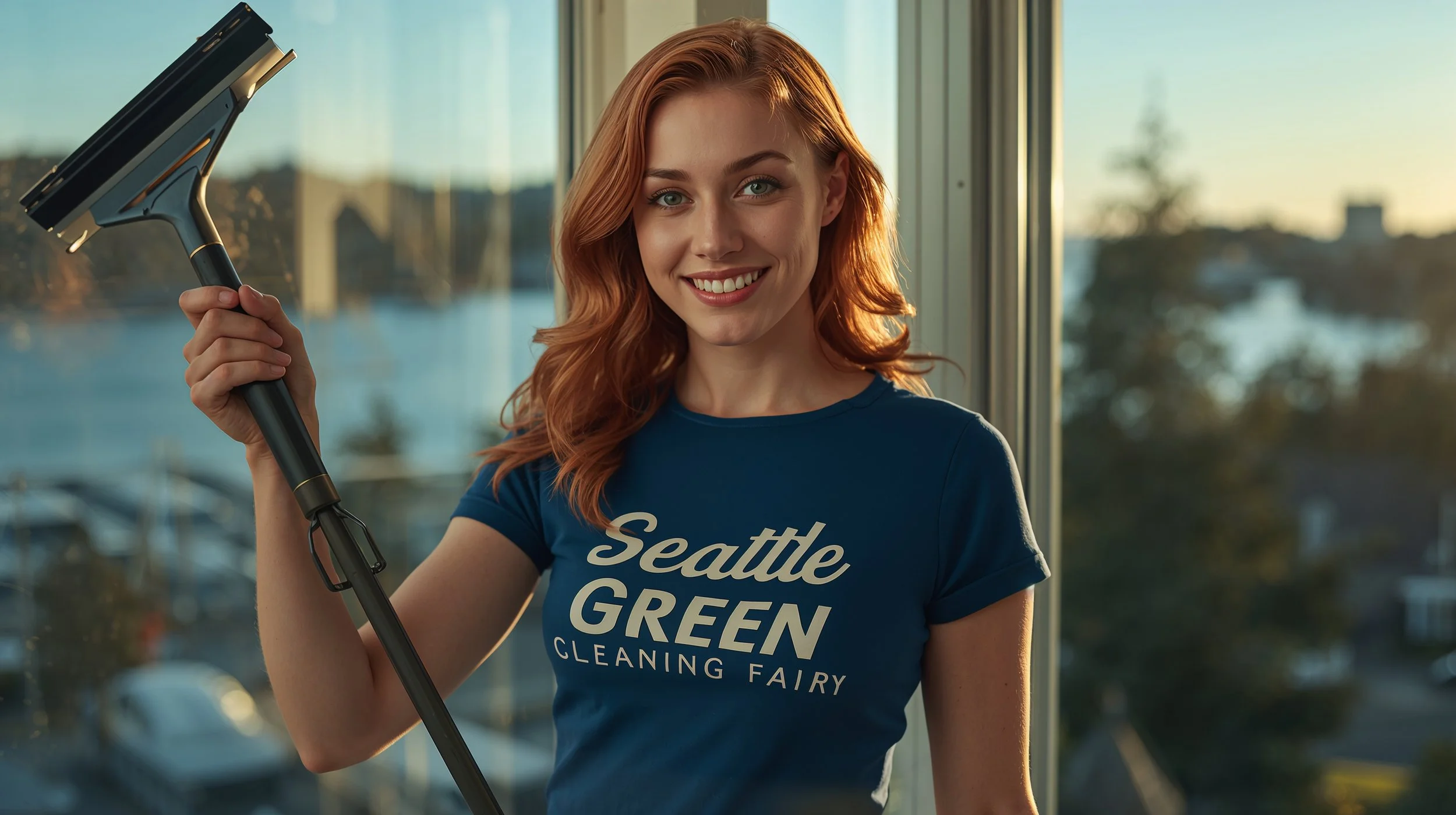 Seattle general cleaning specialist washing interior windows in luxury waterfront home.