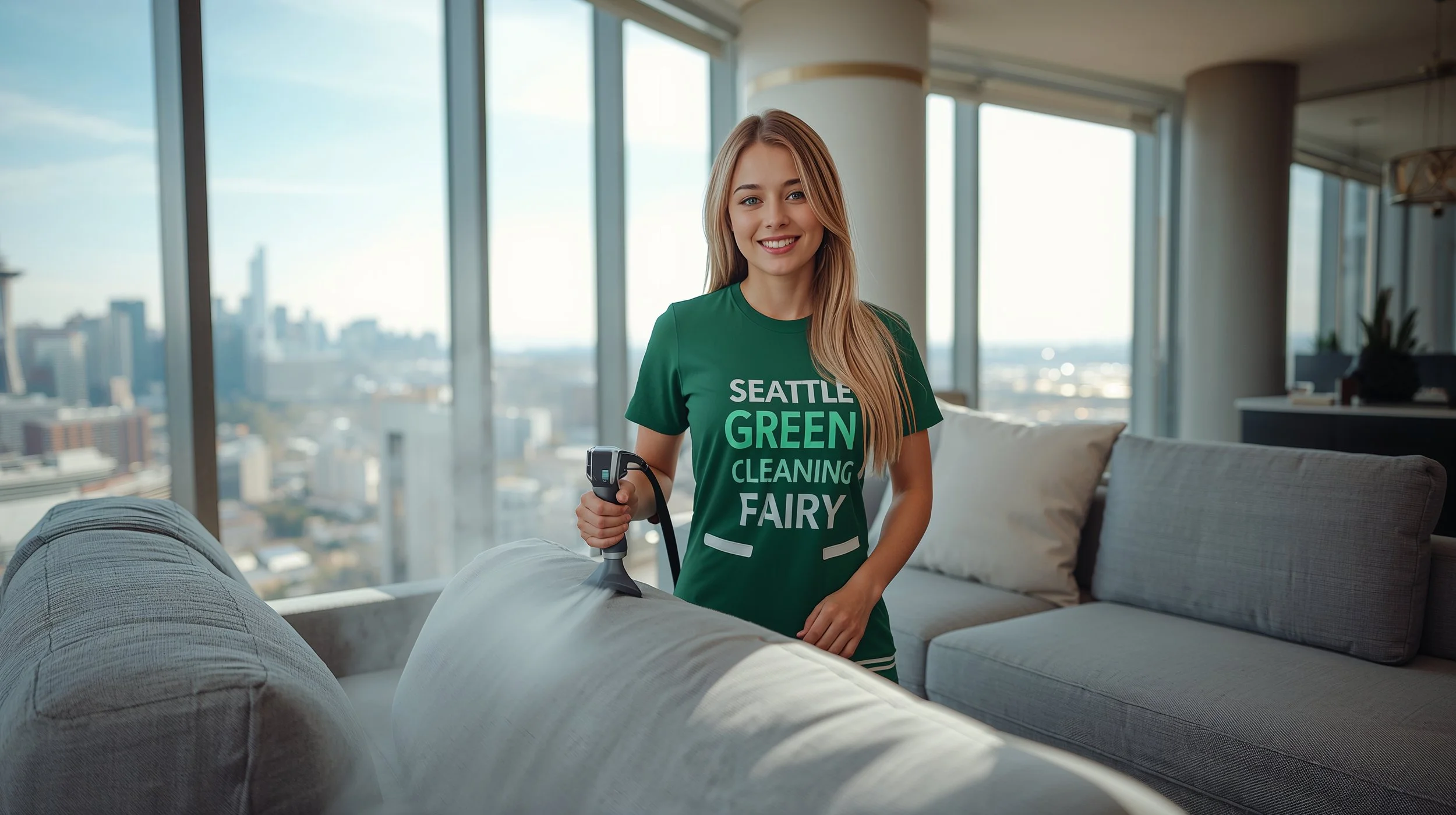 Professional sofa steam cleaning service in a luxury Seattle condo with smiling female technician in branded green uniform.