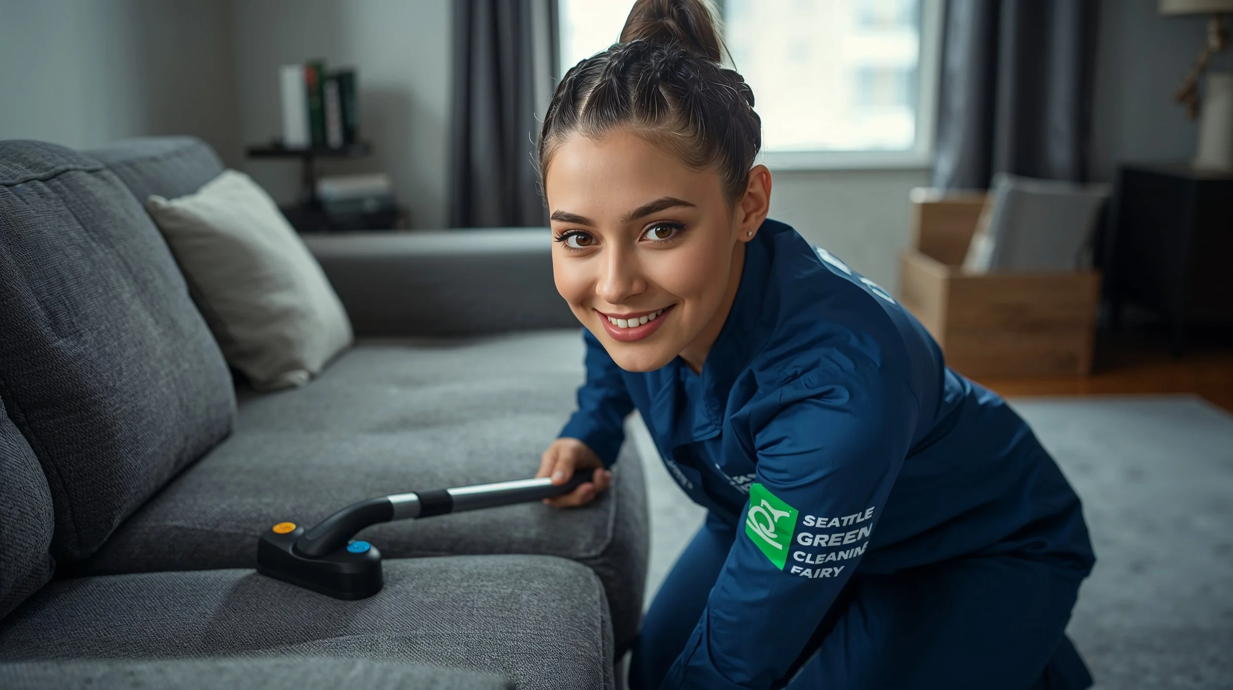 Professional cleaner detailing a couch in a Seattle living room