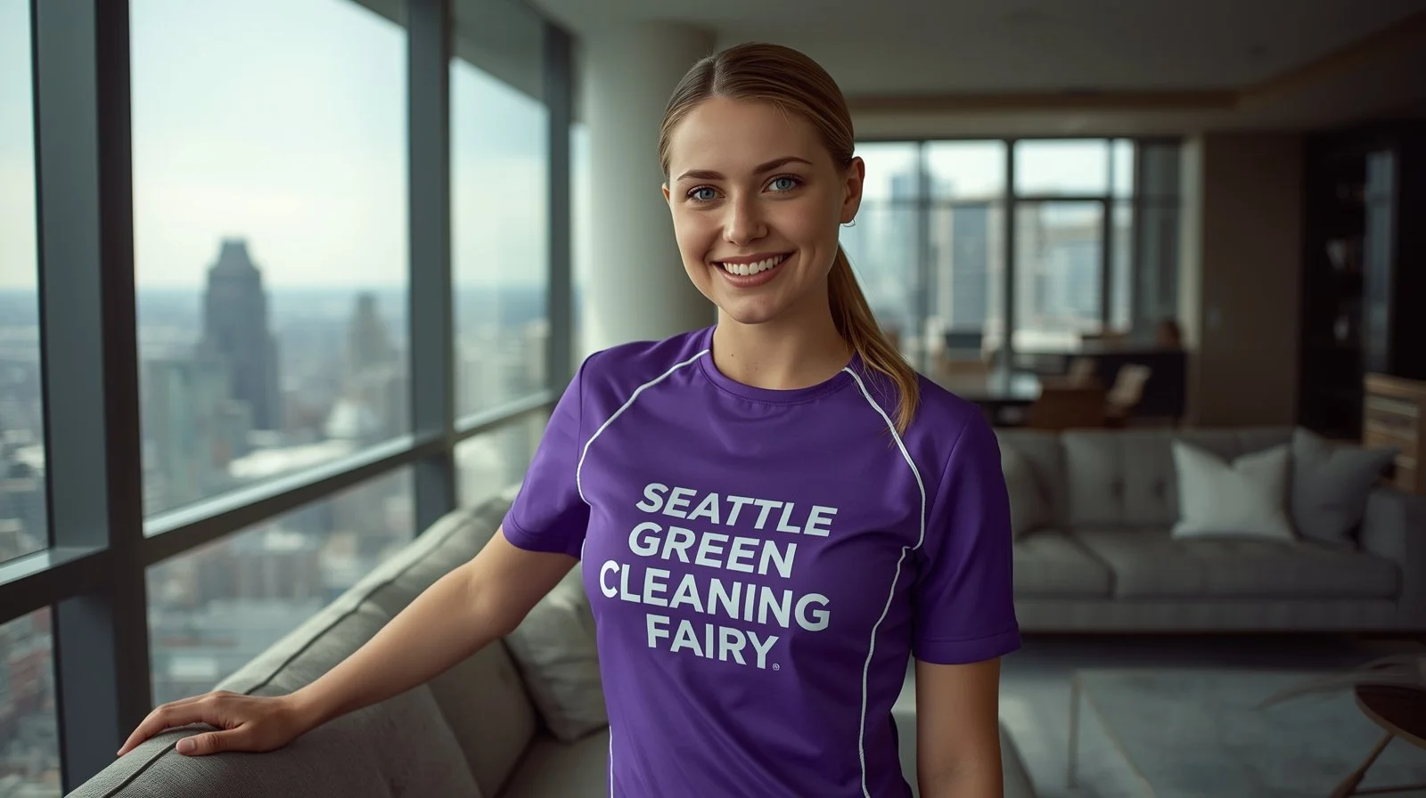 Professional condo cleaner smiling in a luxury Seattle high-rise living room