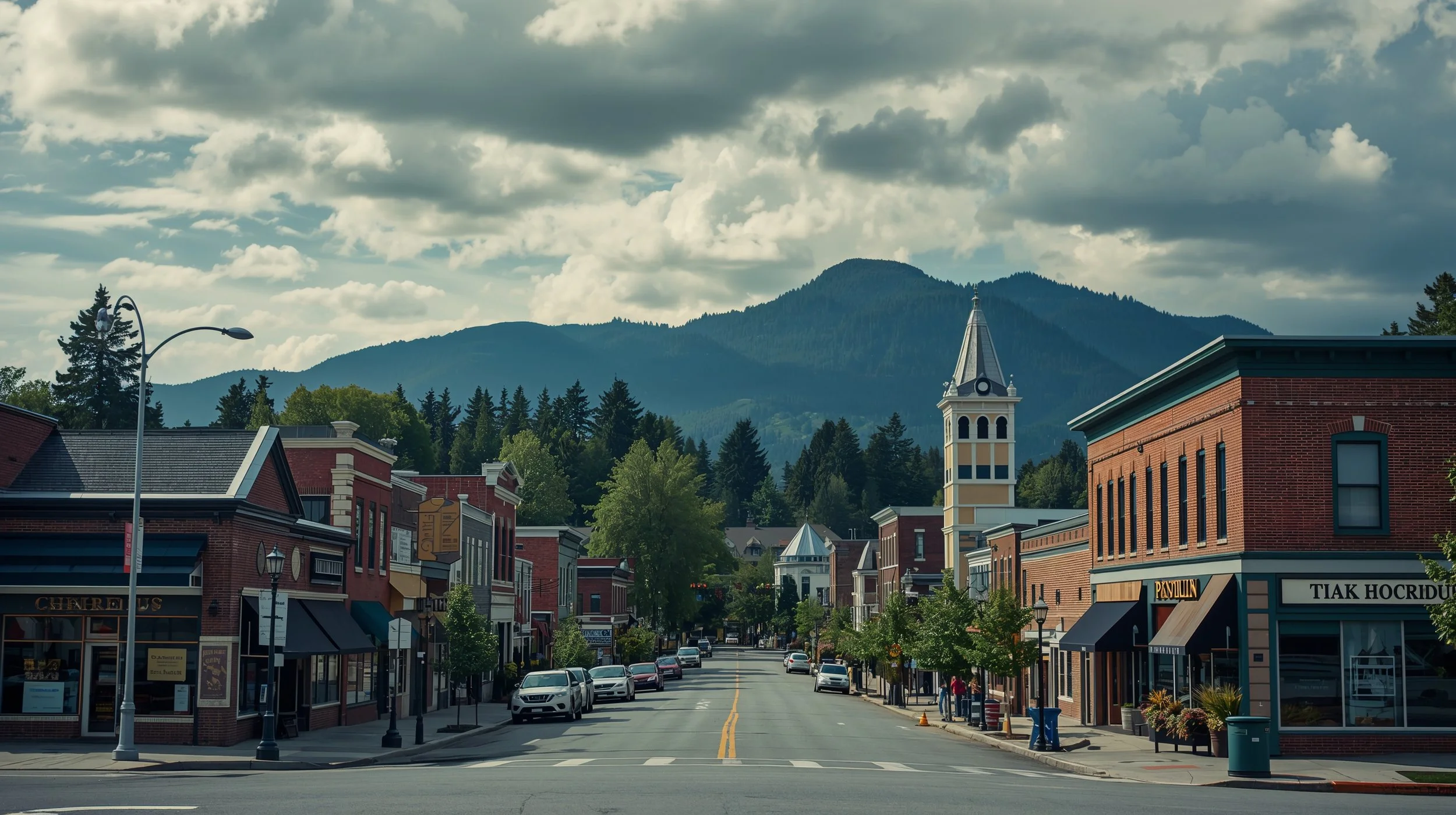 Issaquah Washington downtown with mountain views and local shops