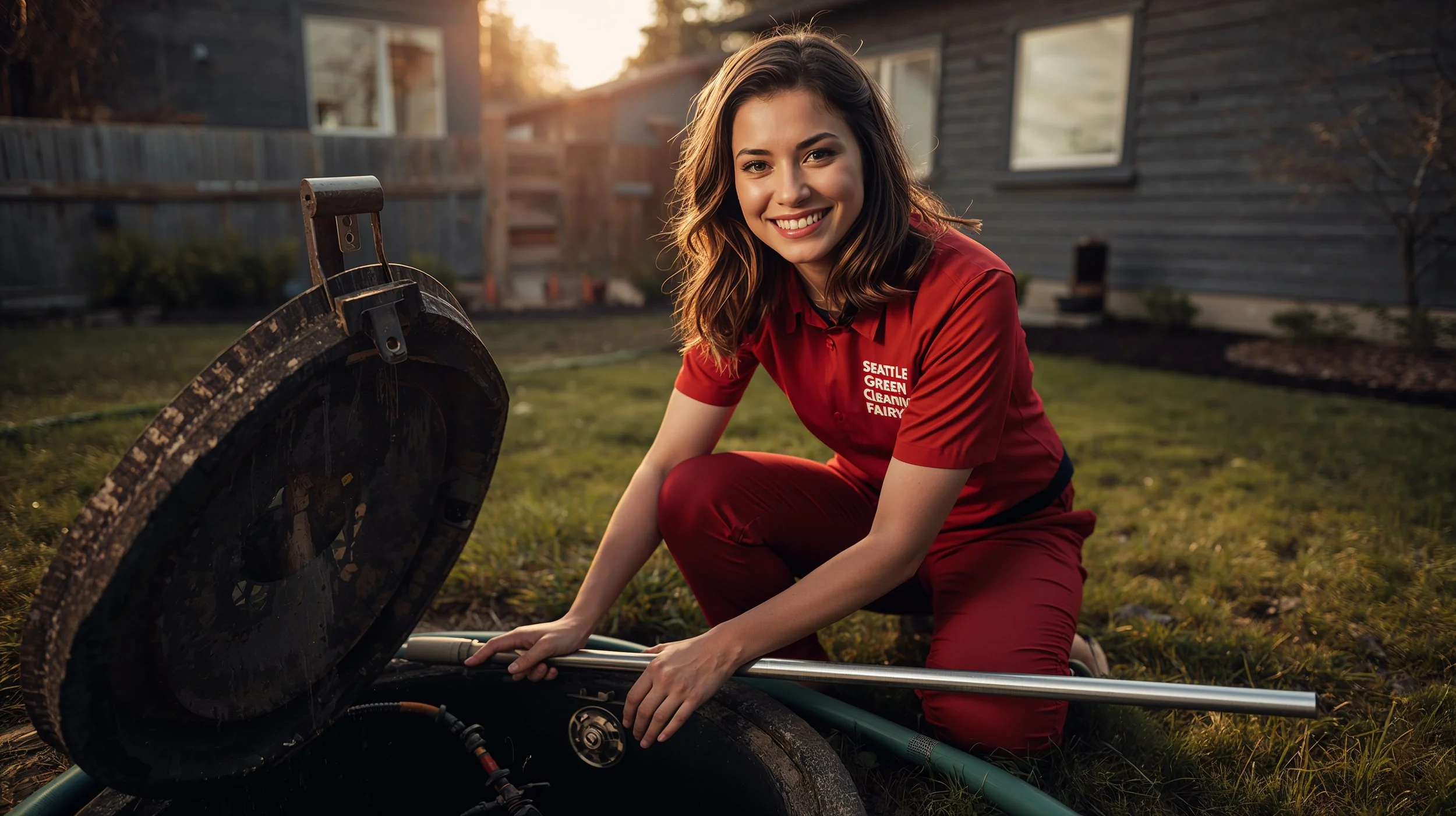 Brunette septic service professional inspecting open tank in Seattle backyard wearing branded red uniform