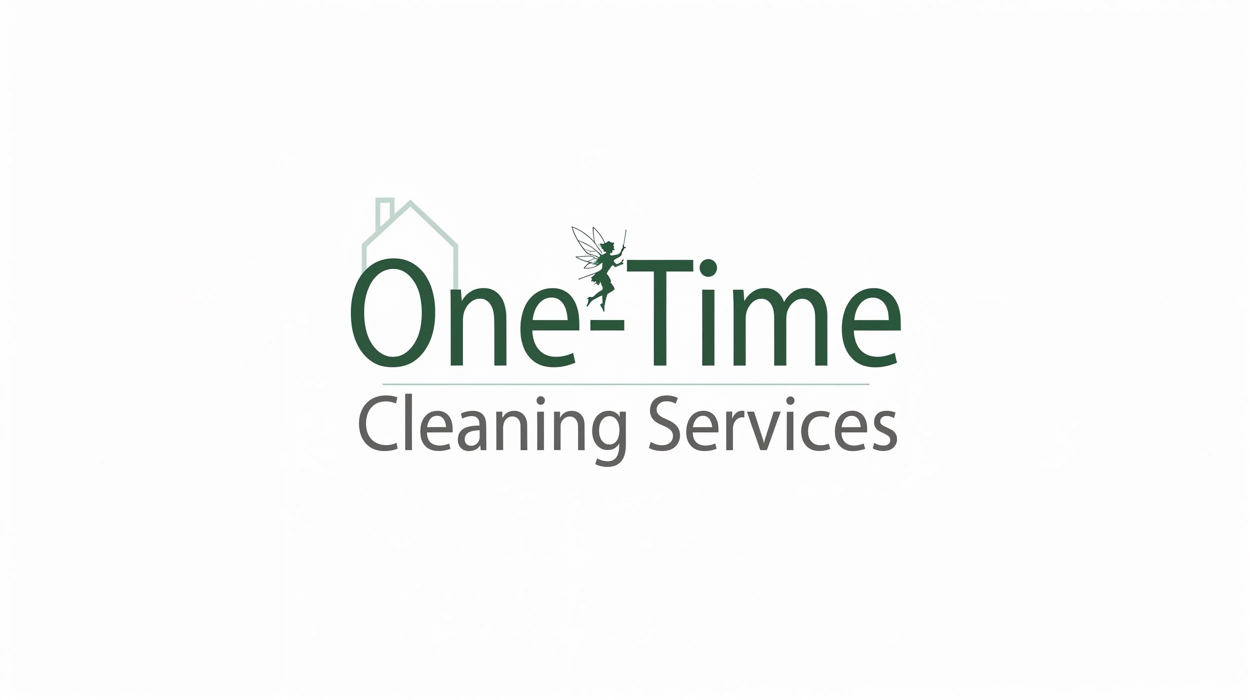 One-time cleaning services logo with modern text, house outline, and subtle fairy accent