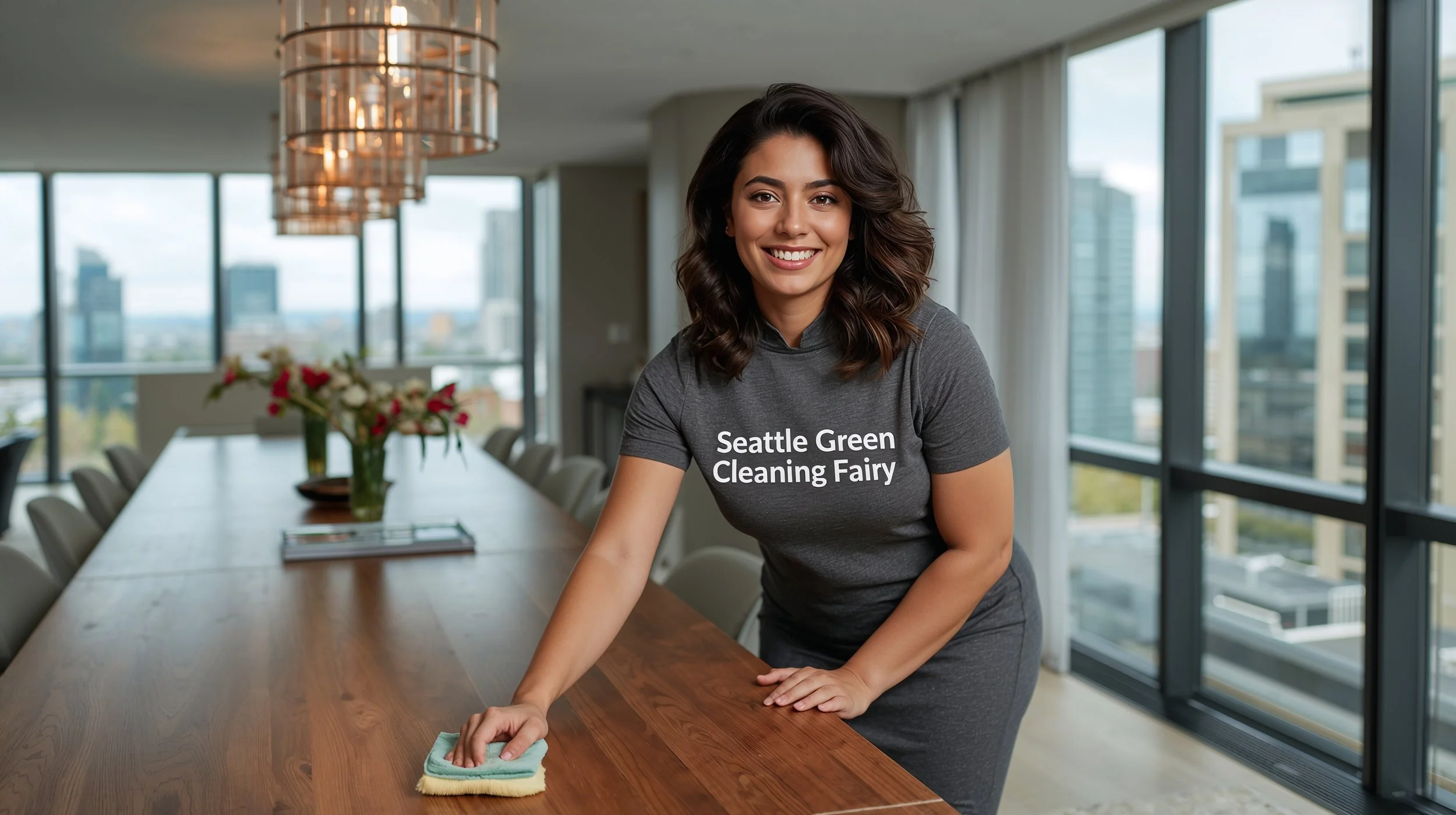 Professional condo cleaner polishing dining table inside upscale Bellevue apartment.