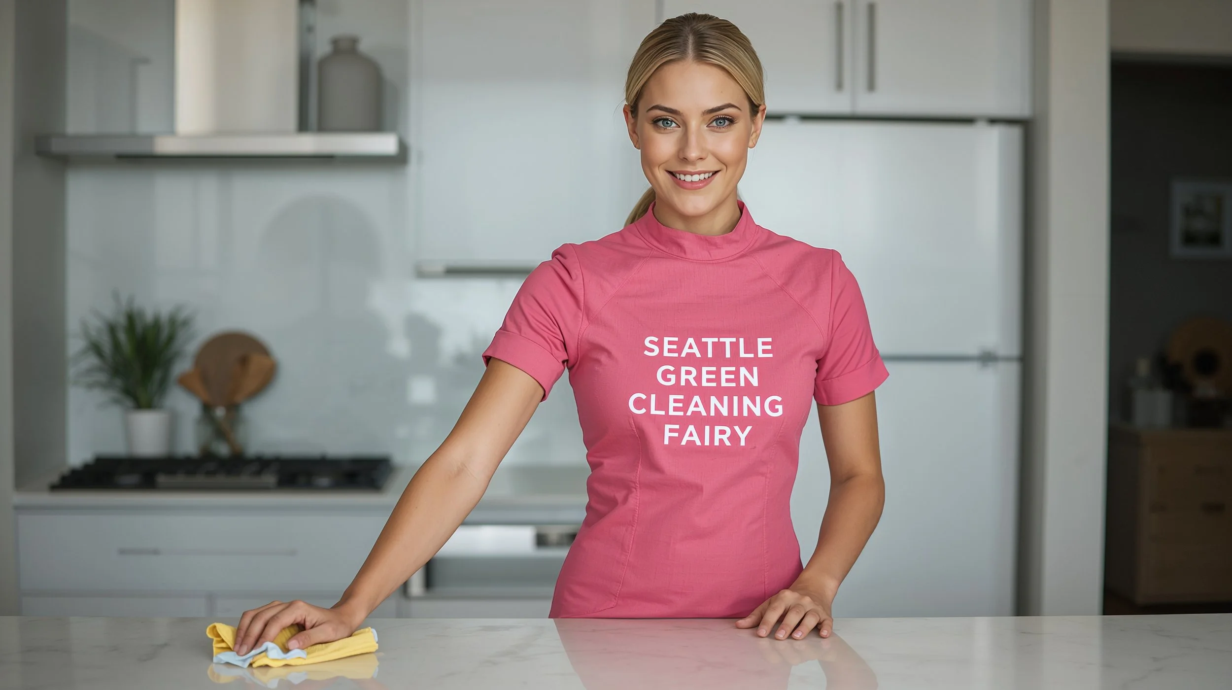 Professional house cleaning service in Fauntleroy Seattle featuring a smiling cleaner from Seattle Green Cleaning Fairy in a pink uniform
