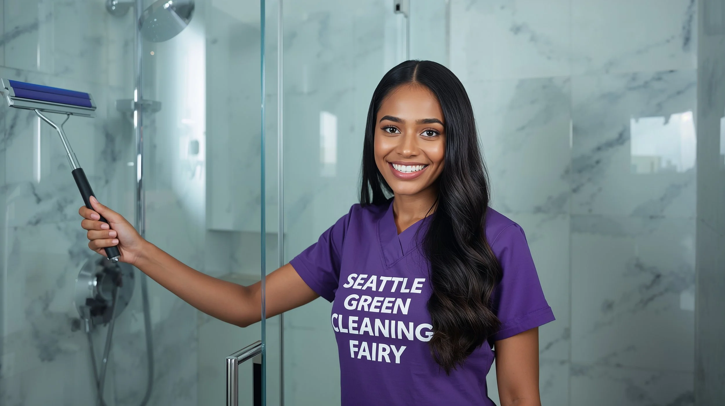 Professional cleaner using squeegee on glass shower door in high-end Seattle bathroom.