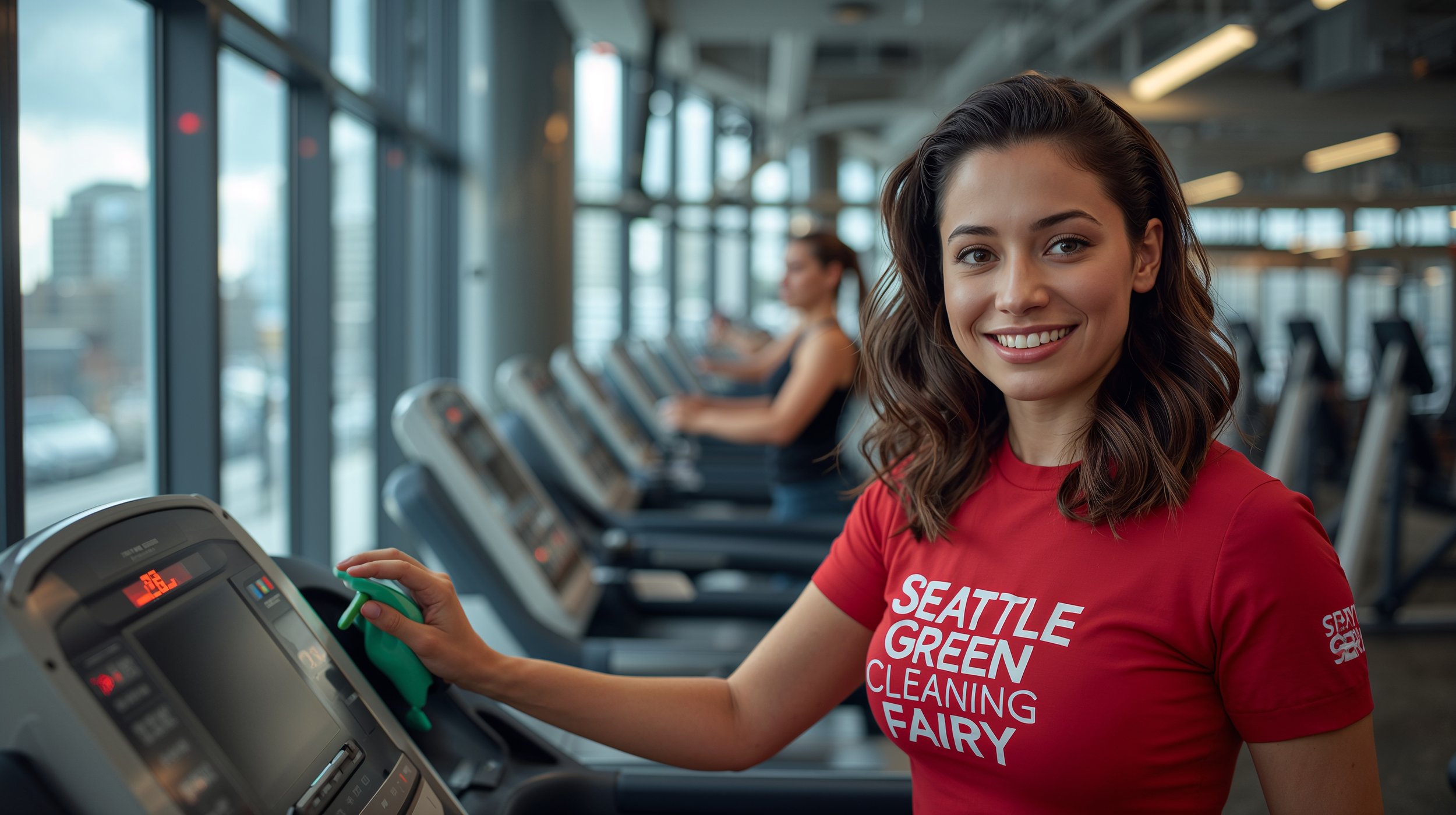 Professional cleaning treadmill equipment in Seattle gym