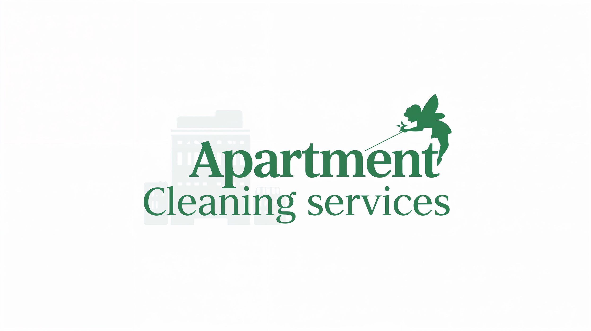 Apartment cleaning services logo with modern text, building outline, and subtle fairy accen