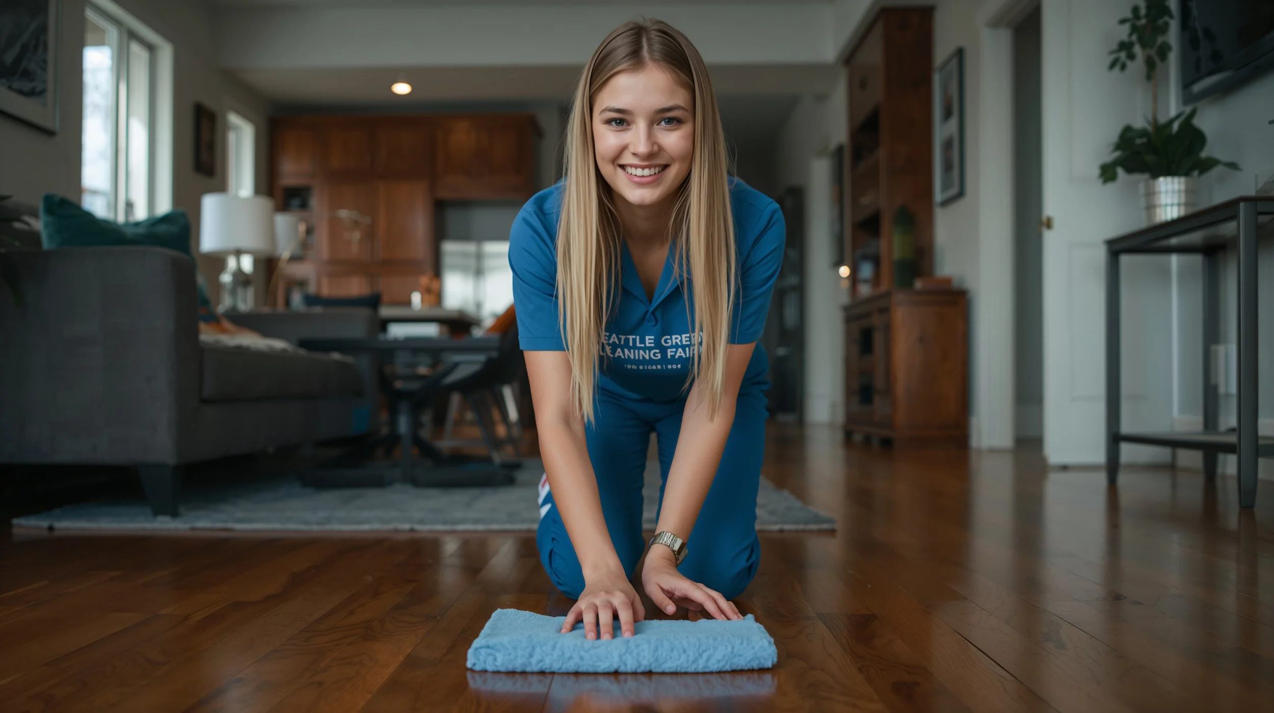 Professional house cleaning service in Broadview Seattle with cleaner polishing hardwood floors indoors.