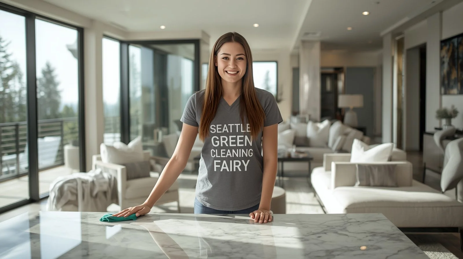 Professional cleaner polishing a marble coffee table inside a luxury Bellevue living room for high-end home cleaning service