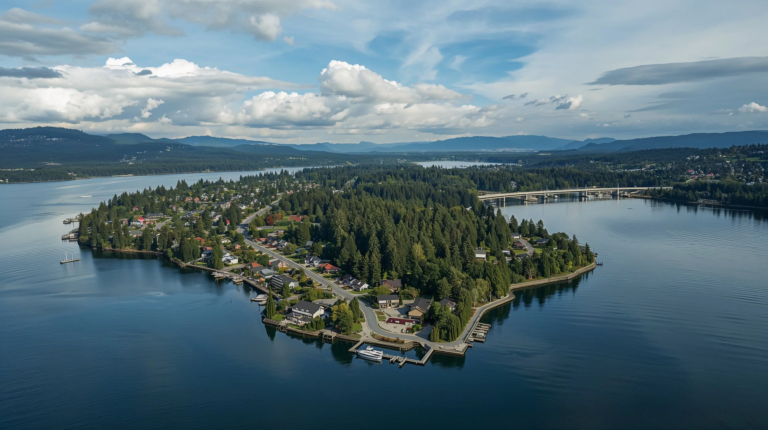 Mercer Island Washington surrounded by Lake Washington with homes and bridge