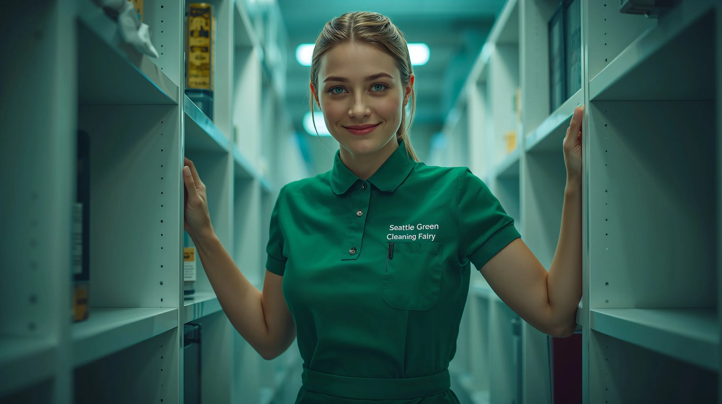 Upbeat Finnish woman organizing clean home office in green uniform for professional cleaning services Seattle
