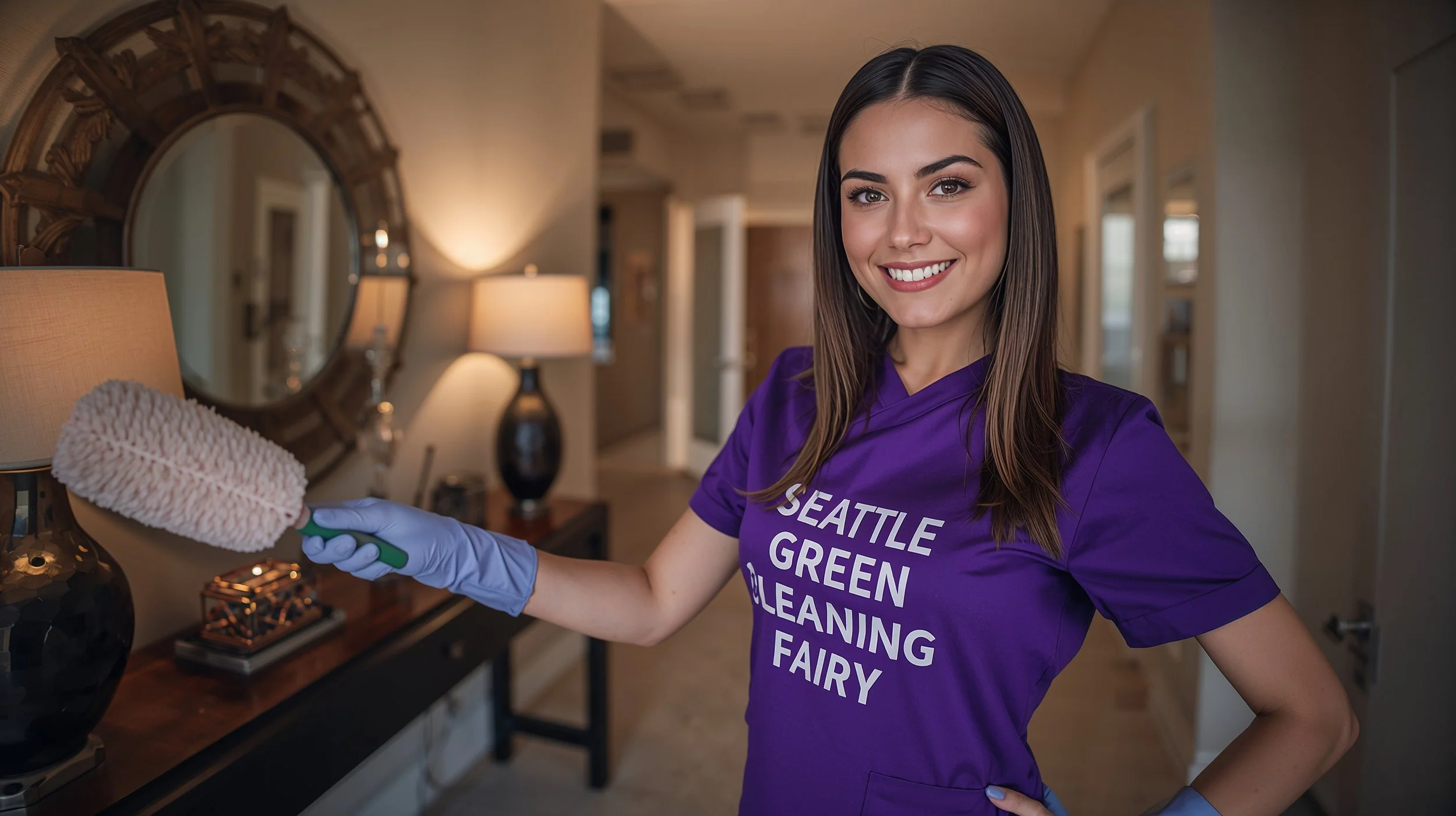 Professional cleaner dusting luxury apartment entryway in Bellevue high-rise