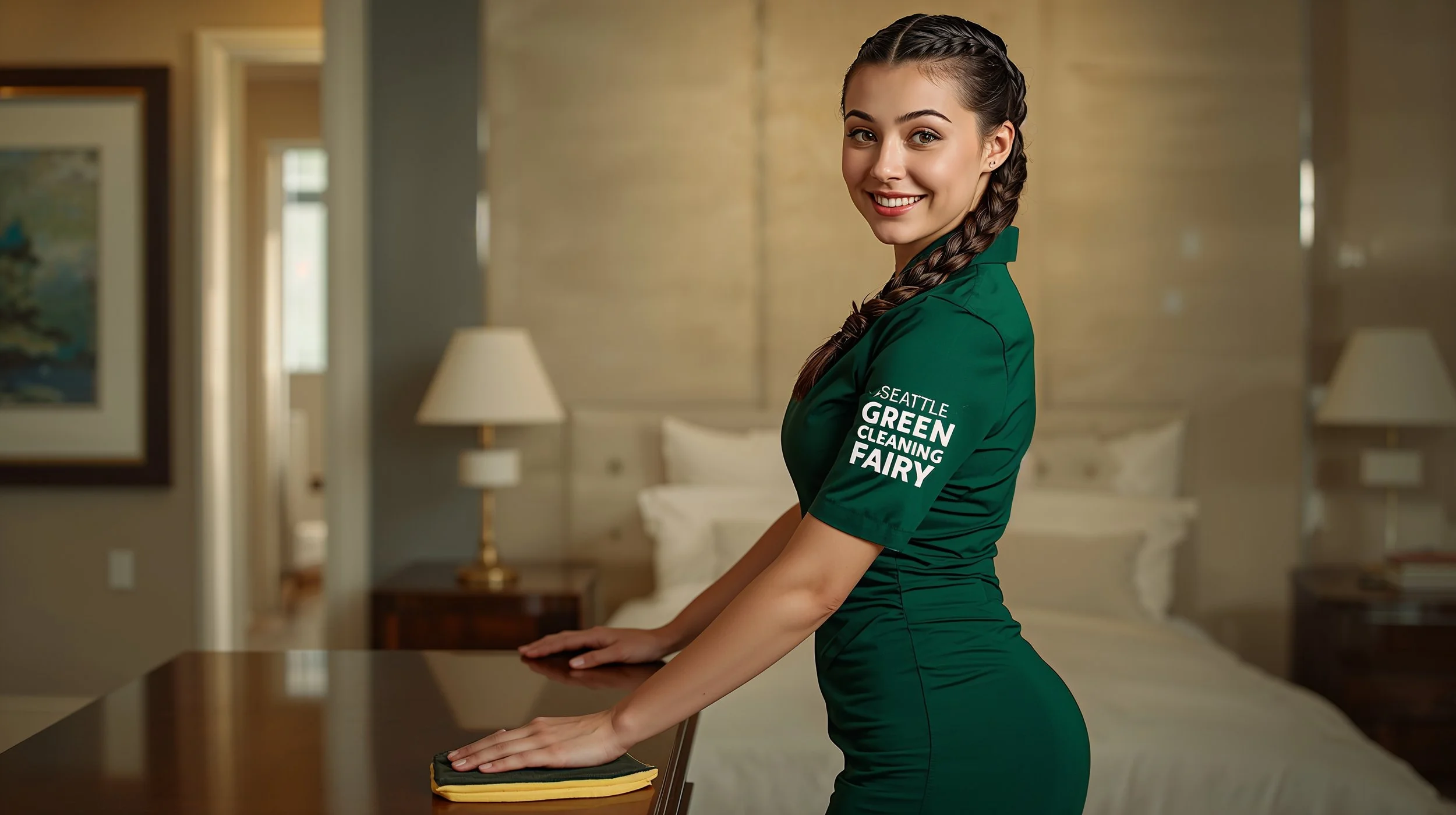 Beautiful Irish cleaner polishing furniture in pristine bedroom for Seattle Green Cleaning Fairy