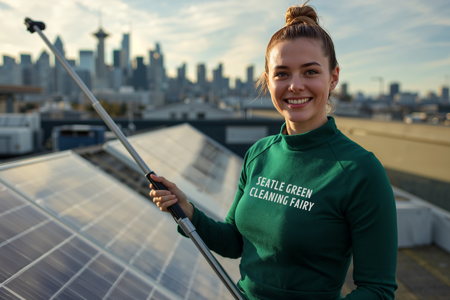 Professional solar panel cleaning service on a Seattle rooftop performed by Seattle Green Cleaning Fairy technician