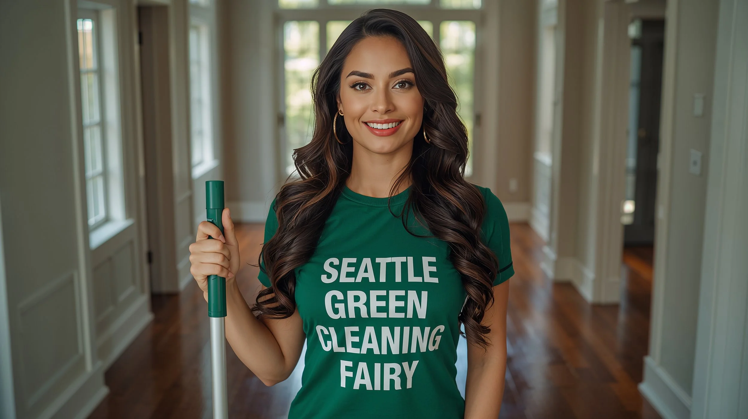 Young professional cleaner with mop in freshly cleaned Bellevue home entryway