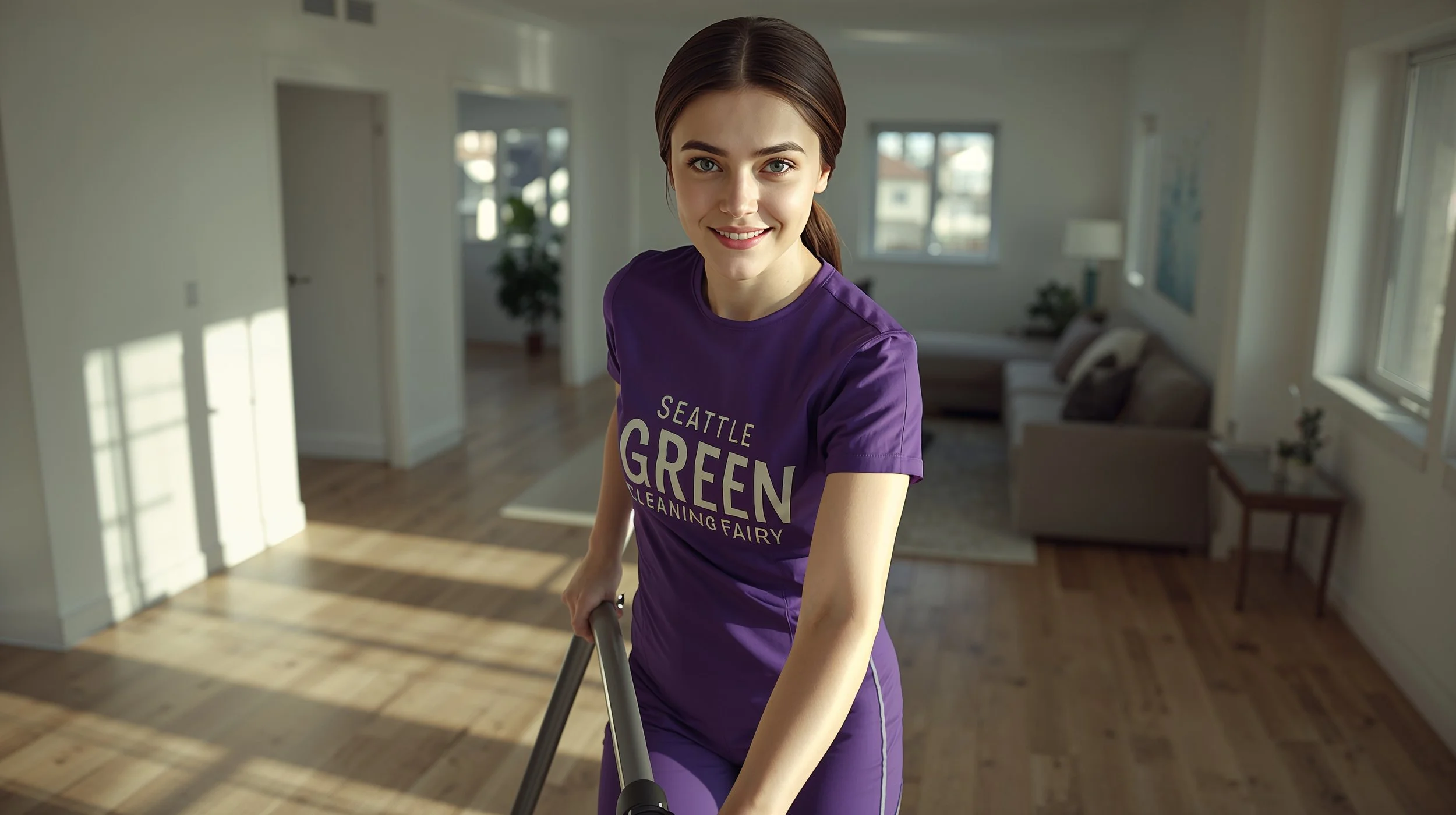 Professional cleaner vacuuming empty Seattle apartment living room