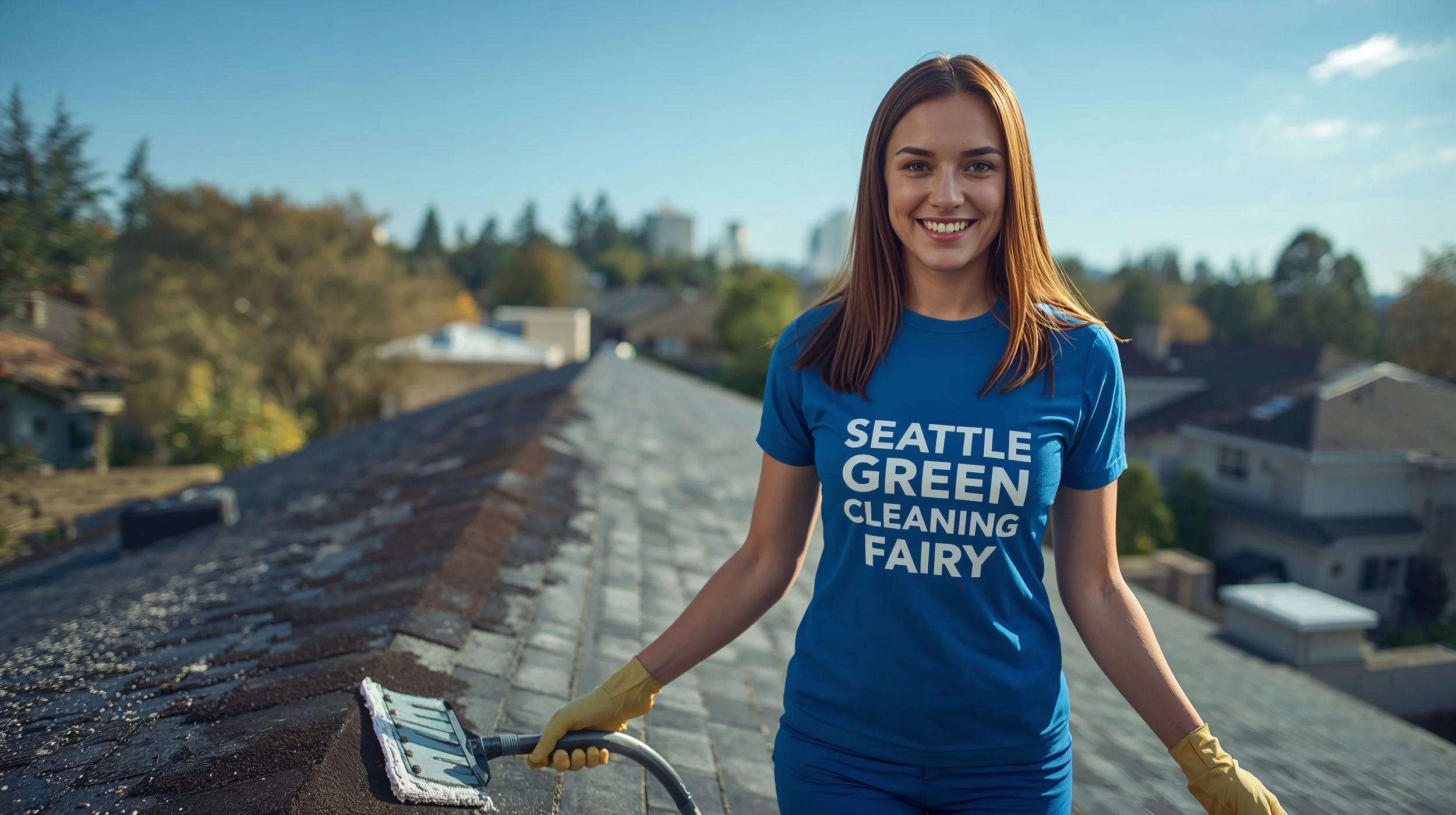 Female roof cleaner standing beside freshly cleaned shingles in Seattle.
