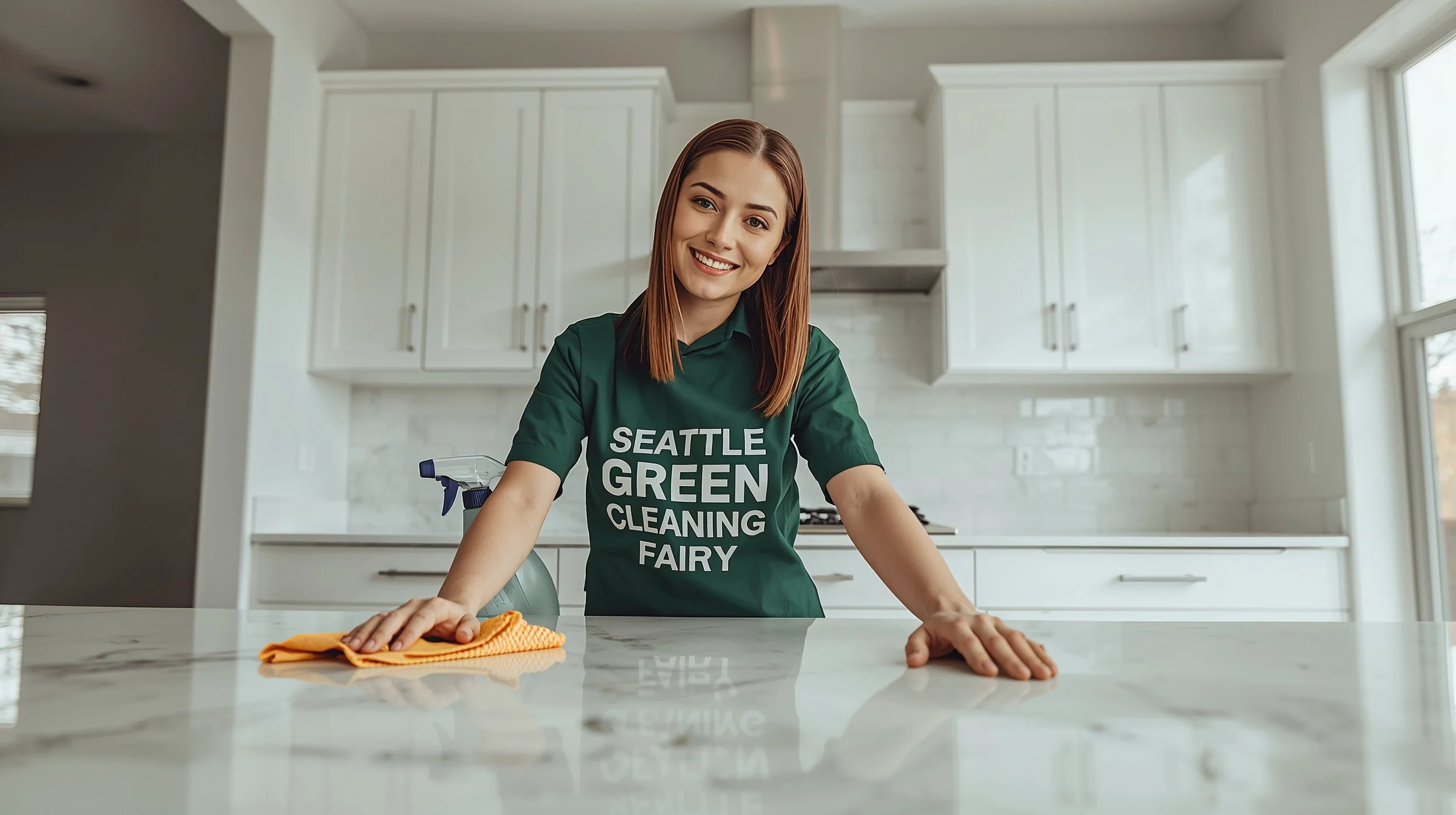 Cleaner wiping a newly installed quartz countertop in a Bellevue kitchen after construction completion.