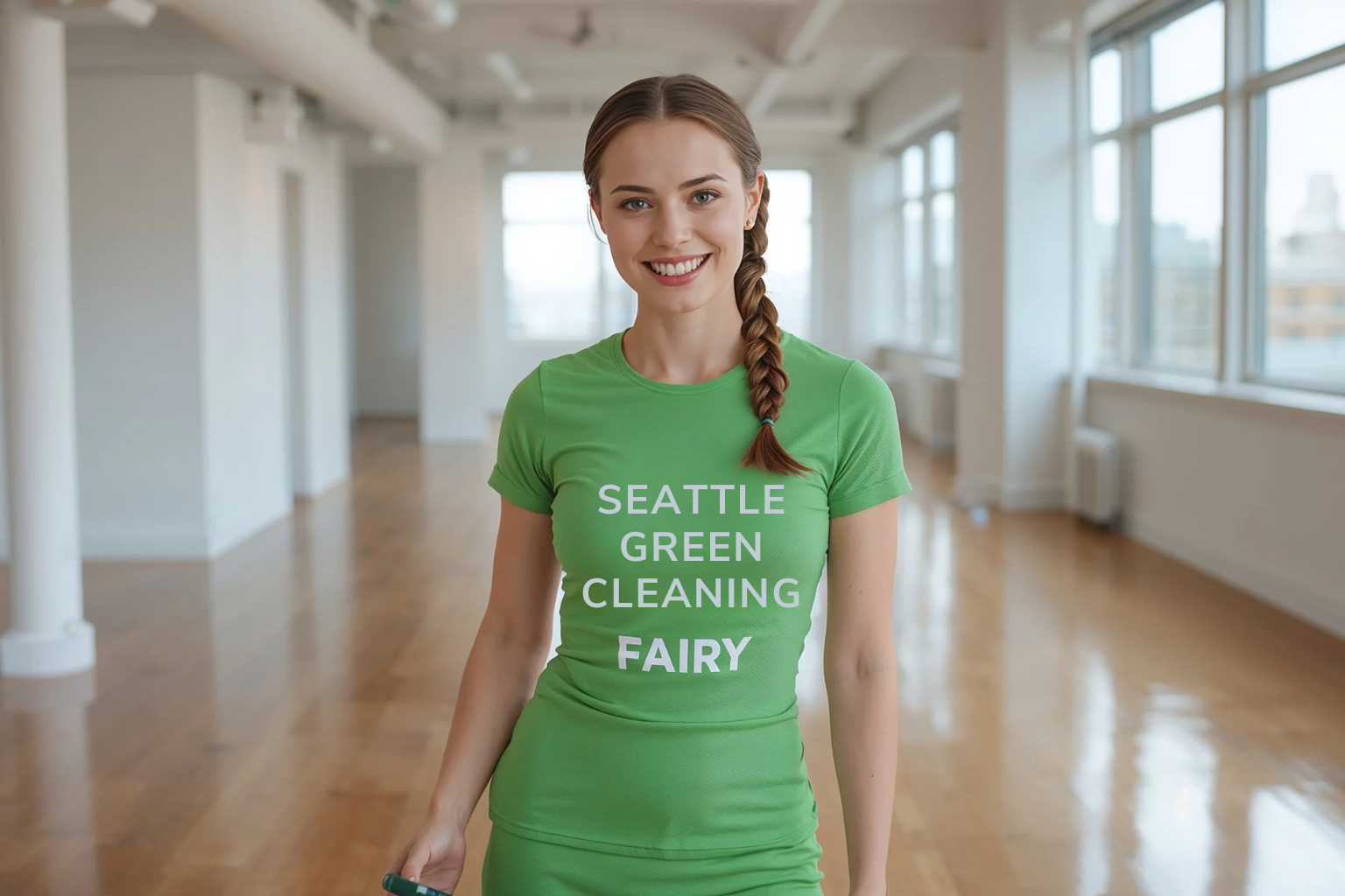 Professional cleaner from Seattle Green Cleaning Fairy mopping shiny hardwood floors in a modern Yesler Terrace loft