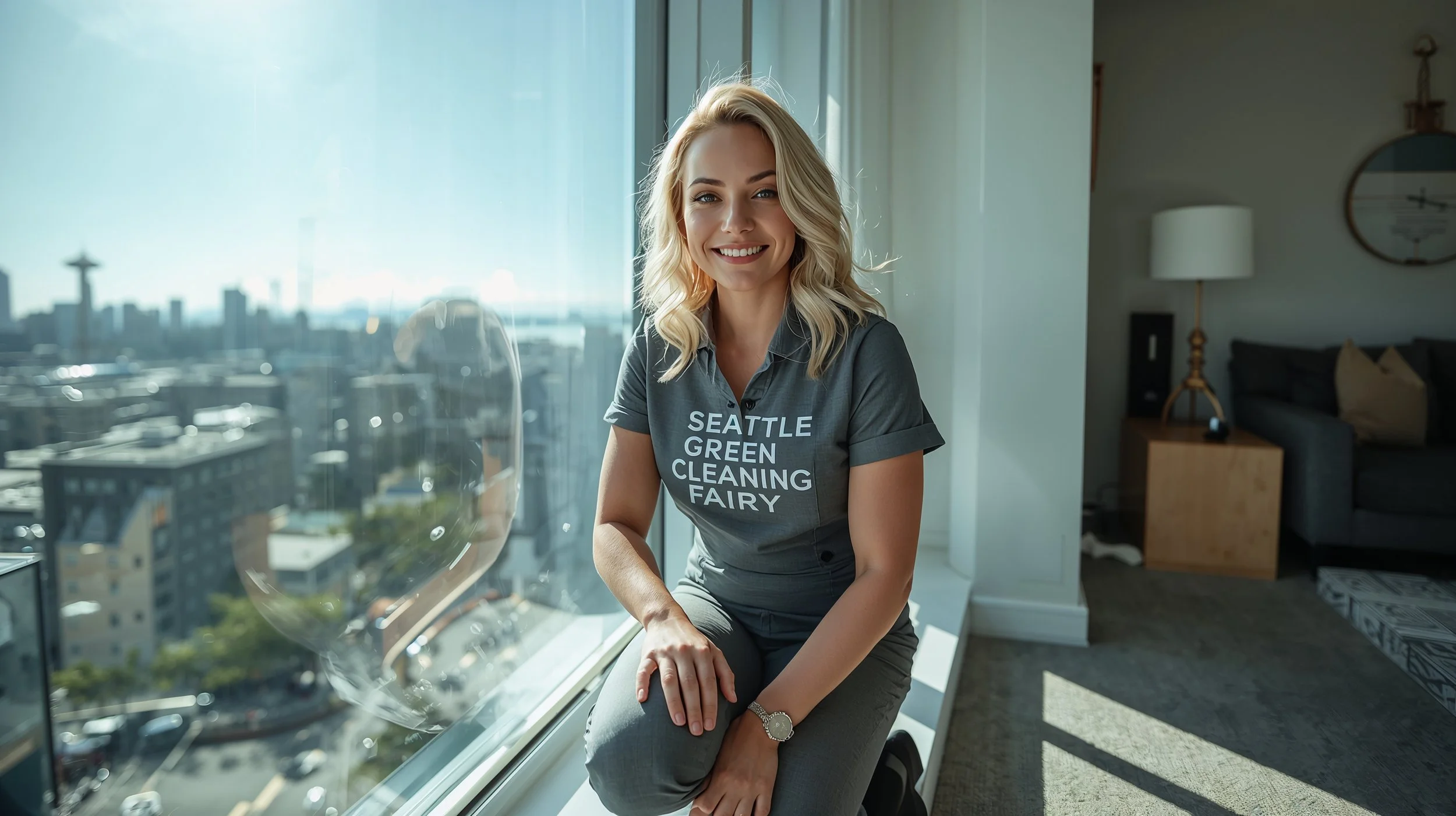 Professional cleaner polishing window with Seattle skyline in background.