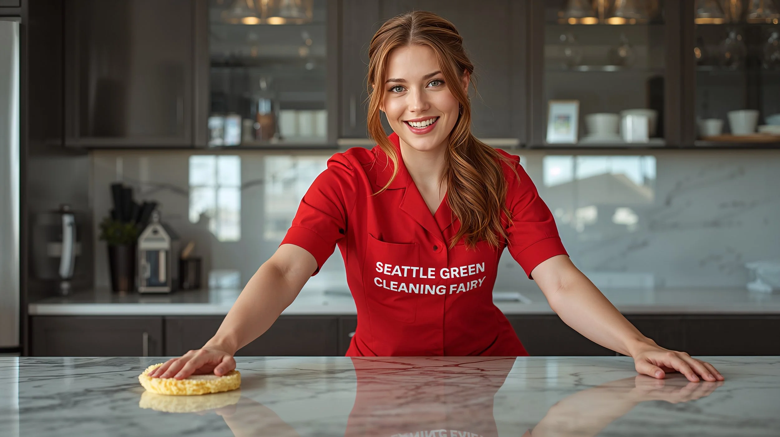 Professional cleaner polishing restored marble countertop in Seattle kitchen.