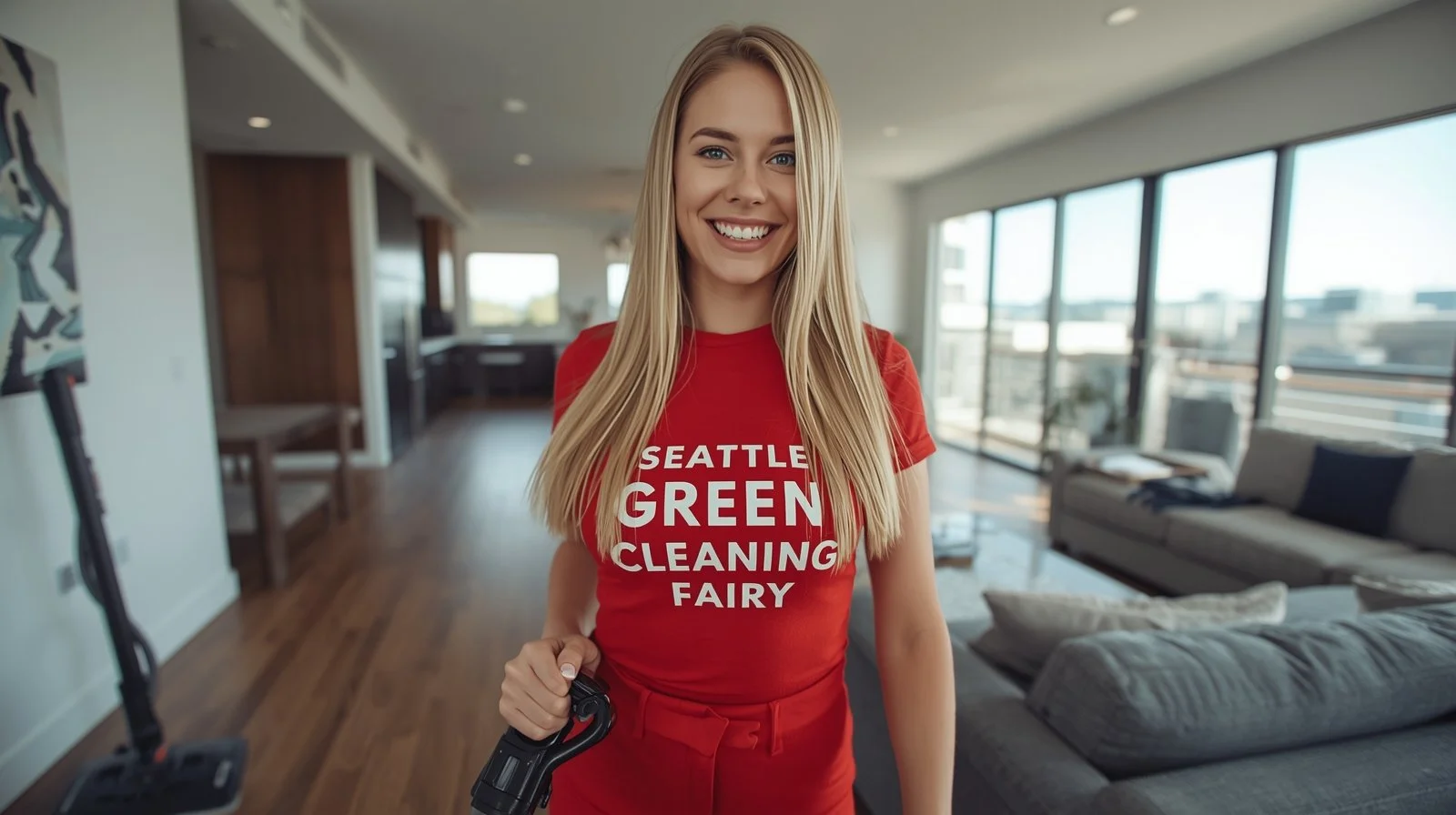 Post construction cleaning technician vacuuming dust from newly finished hardwood floors in Seattle home.