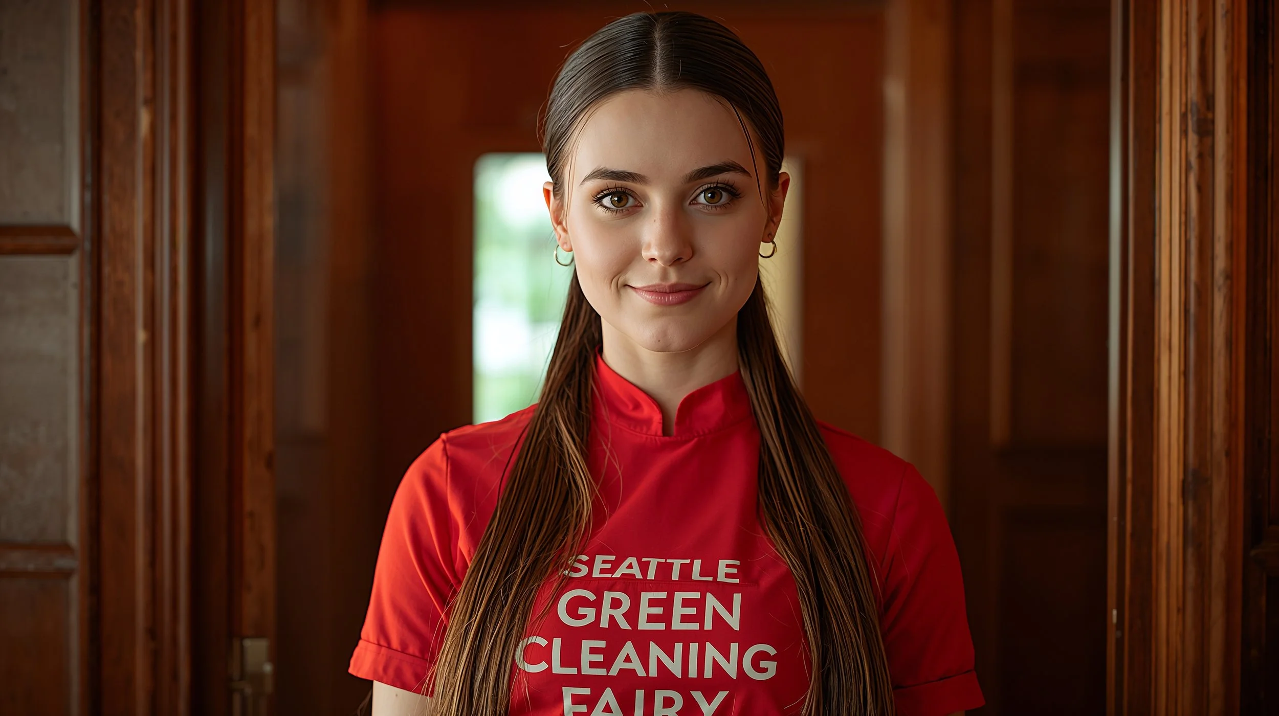 Professional cleaner polishing staircase railing in Seattle home