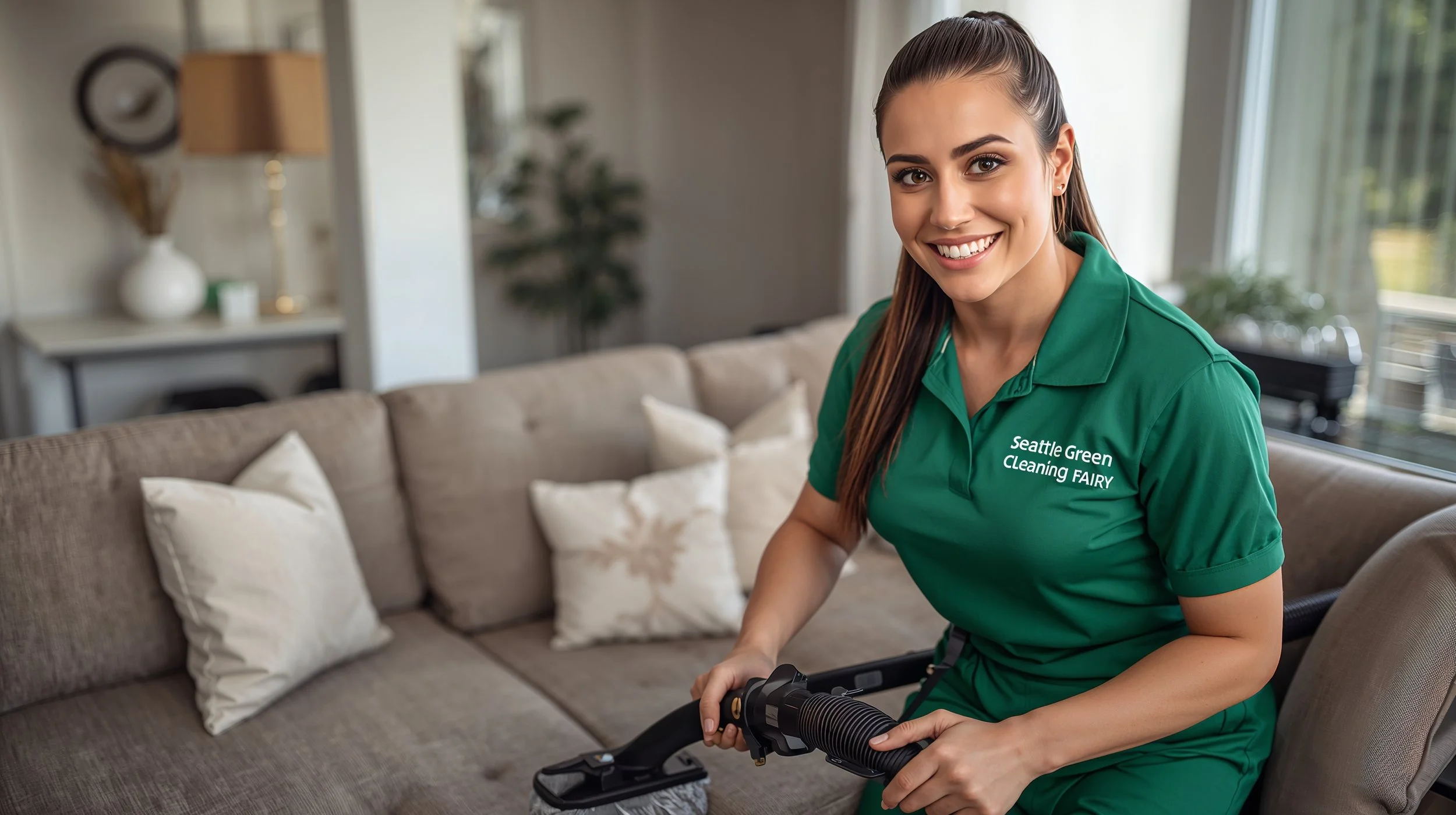 Deep sectional sofa cleaning service in Seattle home with professional extraction equipment.