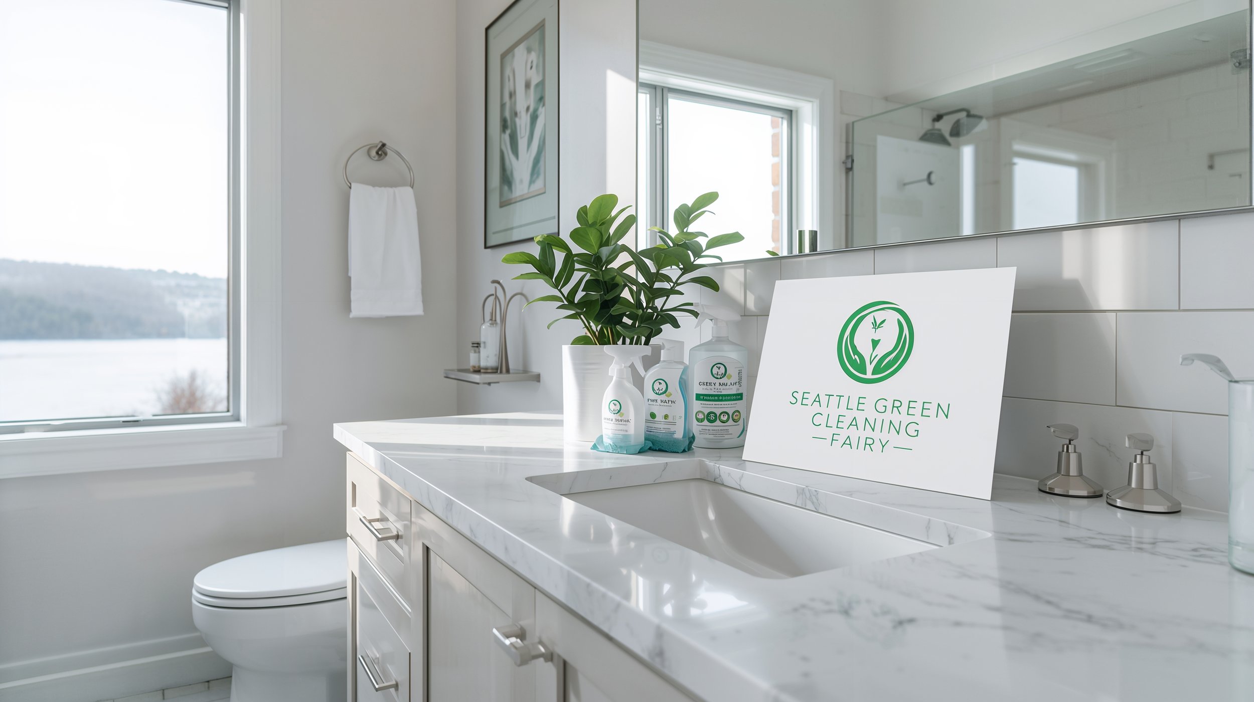 Haller Lake Seattle bathroom with Seattle Green Cleaning Fairy logo and supplies