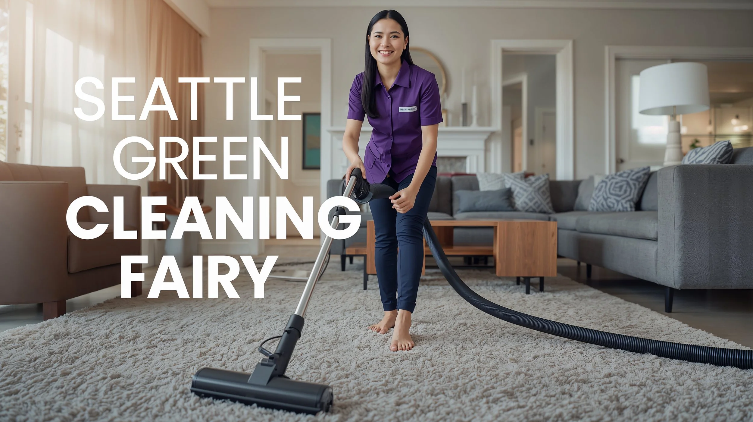 Professional insured cleaning lady vacuuming carpet in a luxury Bellevue home wearing Seattle Green Cleaning Fairy uniform.