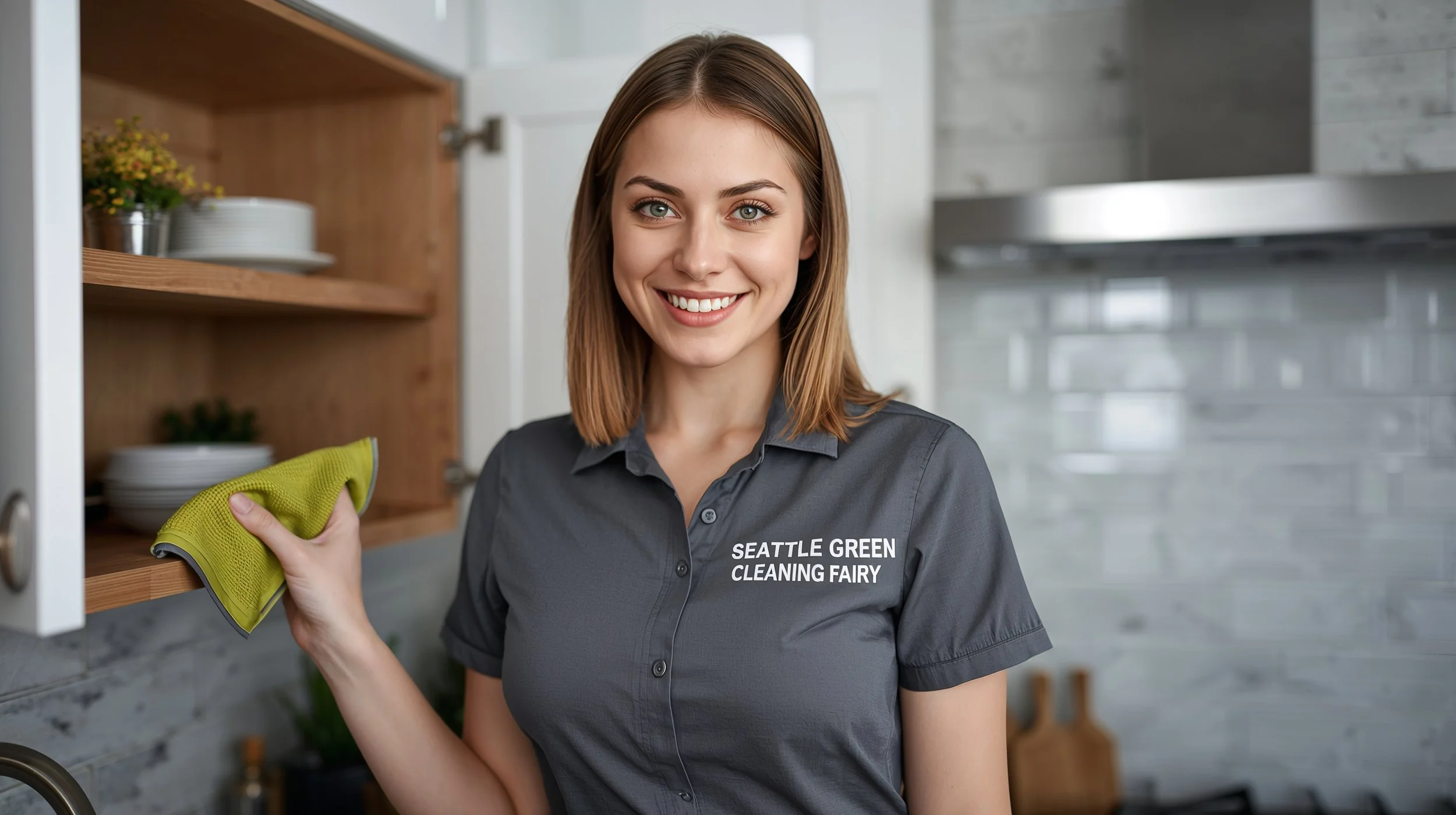 Seattle Green Cleaning Fairy wiping inside cabinets in SeaTac Washington