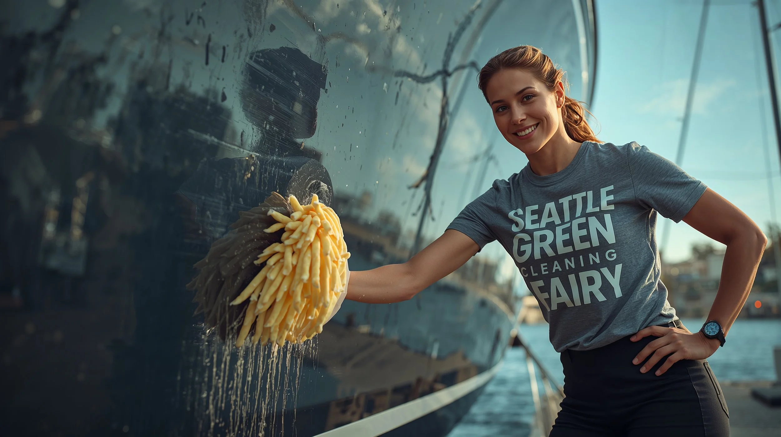 Detailed yacht hull cleaning service in Seattle marina