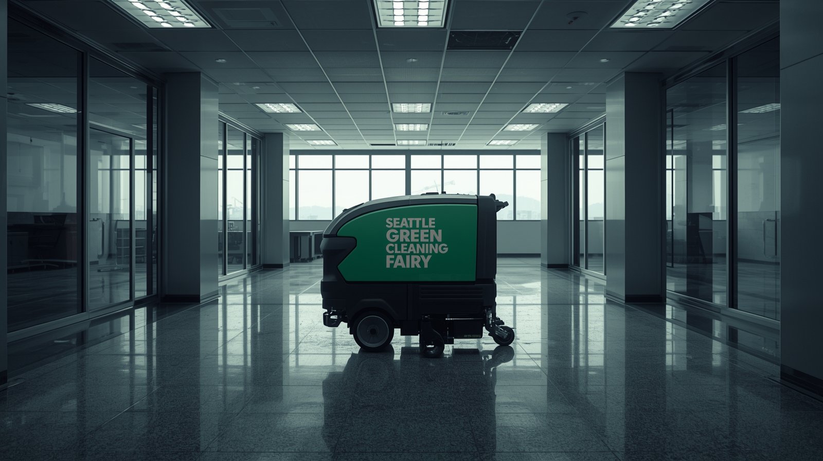 Freshly cleaned new construction office space in Seattle with branded equipment