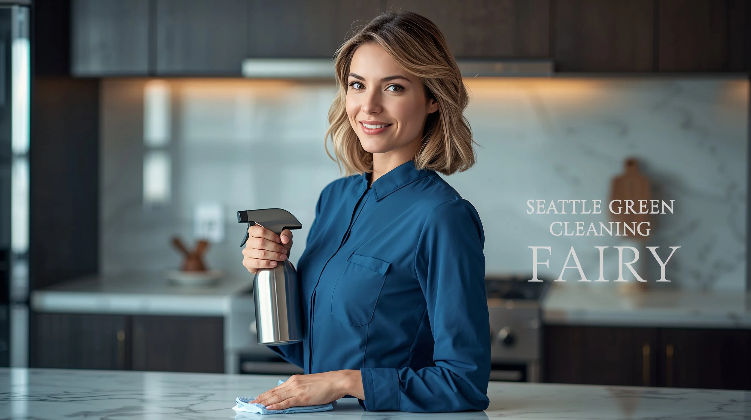 Smiling professional cleaner presenting a freshly cleaned modern kitchen in Seattle