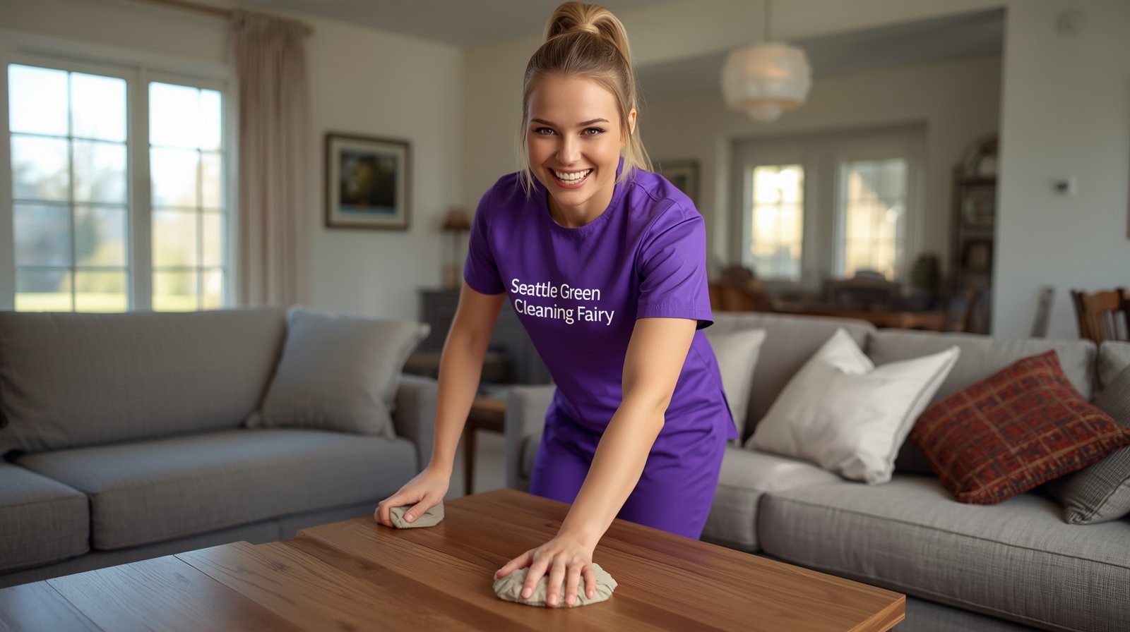 Seattle Green Cleaning Fairy cleaning a family living room in Wedgwood Seattle